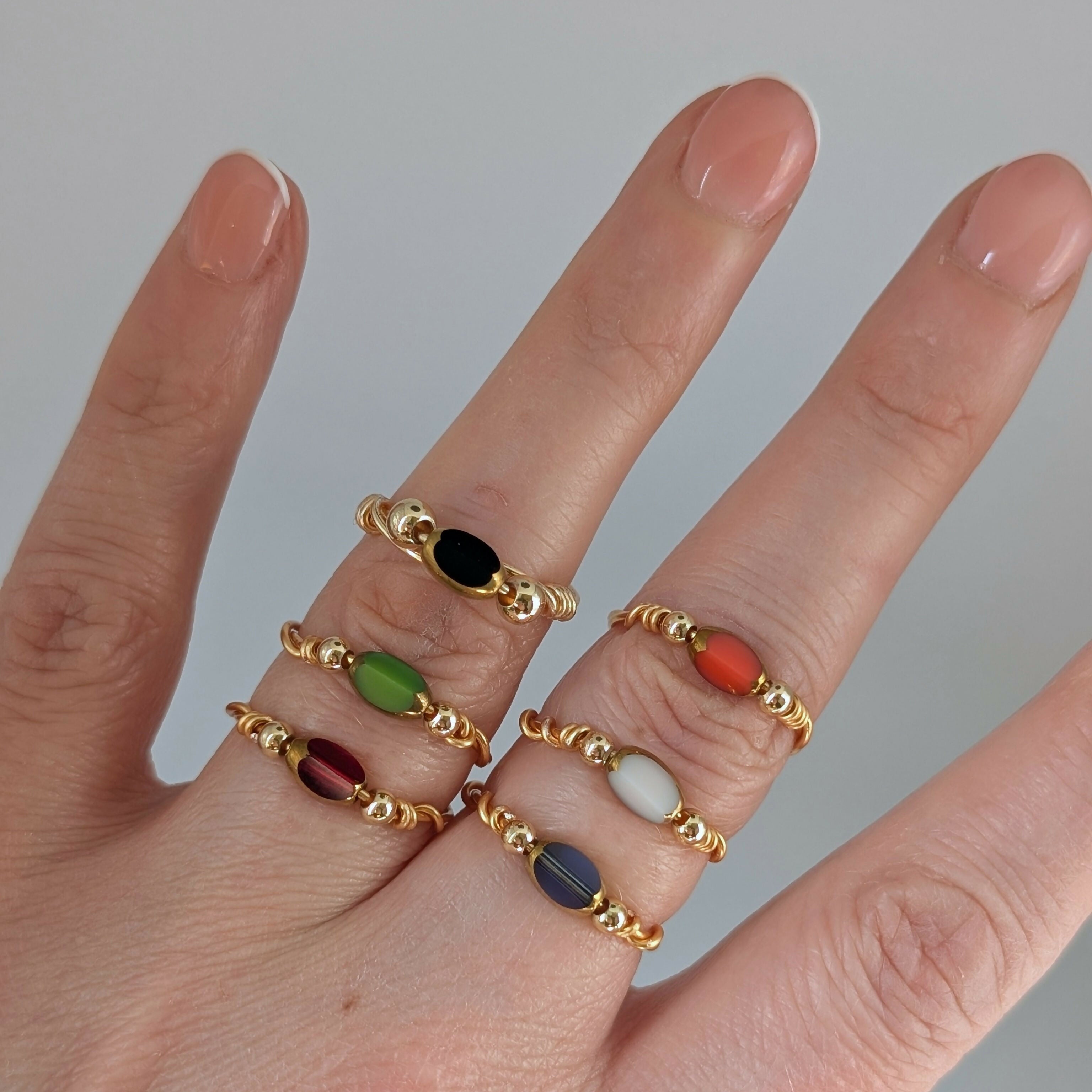 SIZE MEDIUM Glass Bead Gold Plated Wire Rings in an Array of Colours