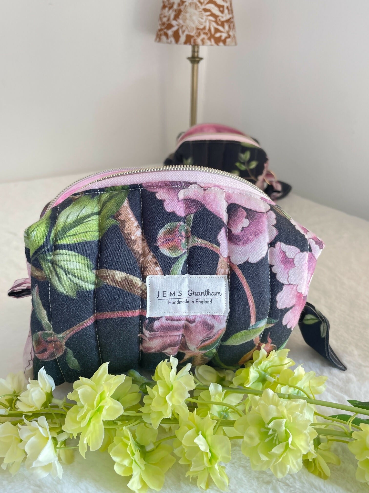 Black Quilted Toiletry Bag with Zipper Handmade in UK