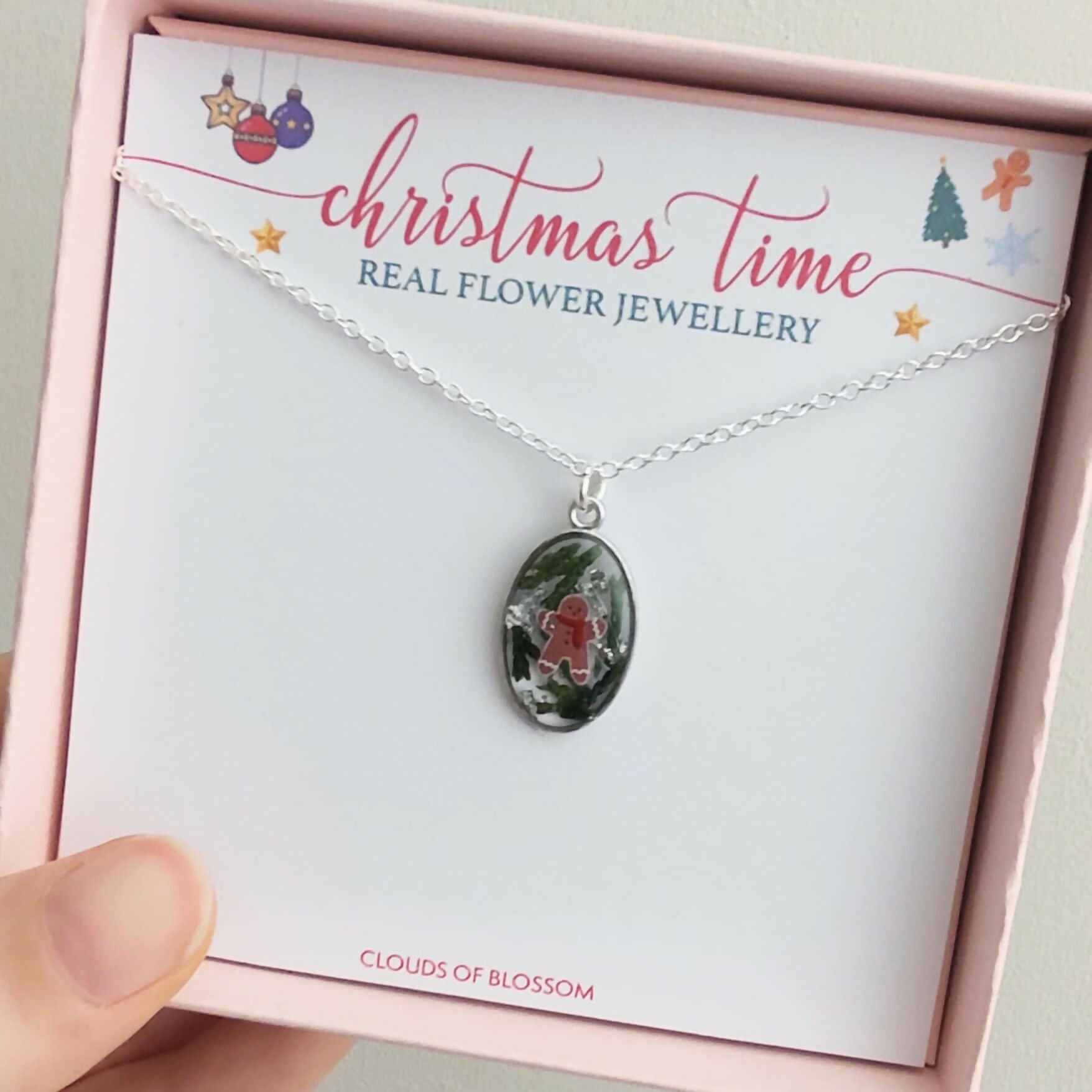 Real Christmas Tree Leaves Gingerbread Man Necklace Silver Plated