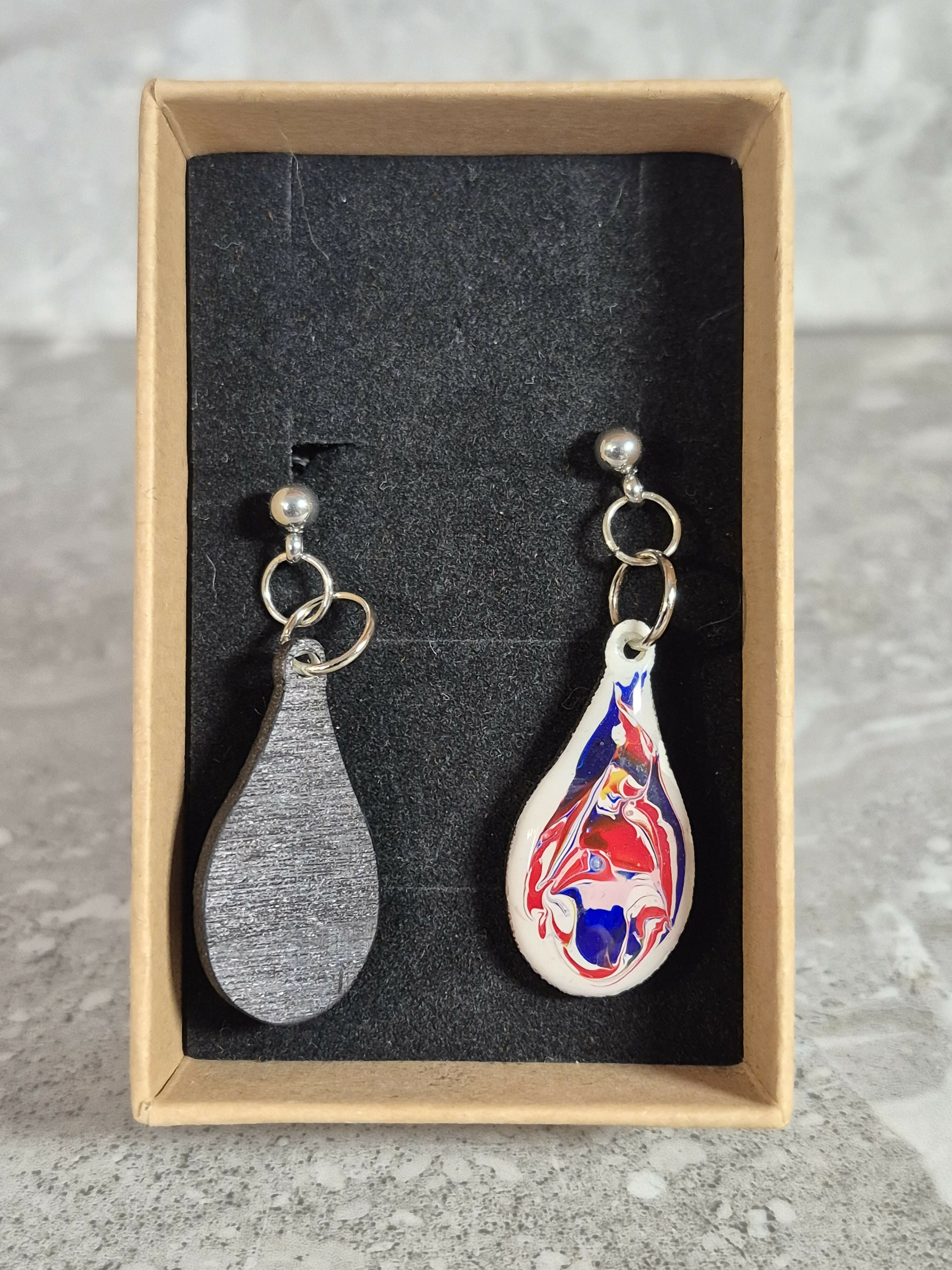 Handcrafted Teardrop Shaped Red, White And Blue Earrings