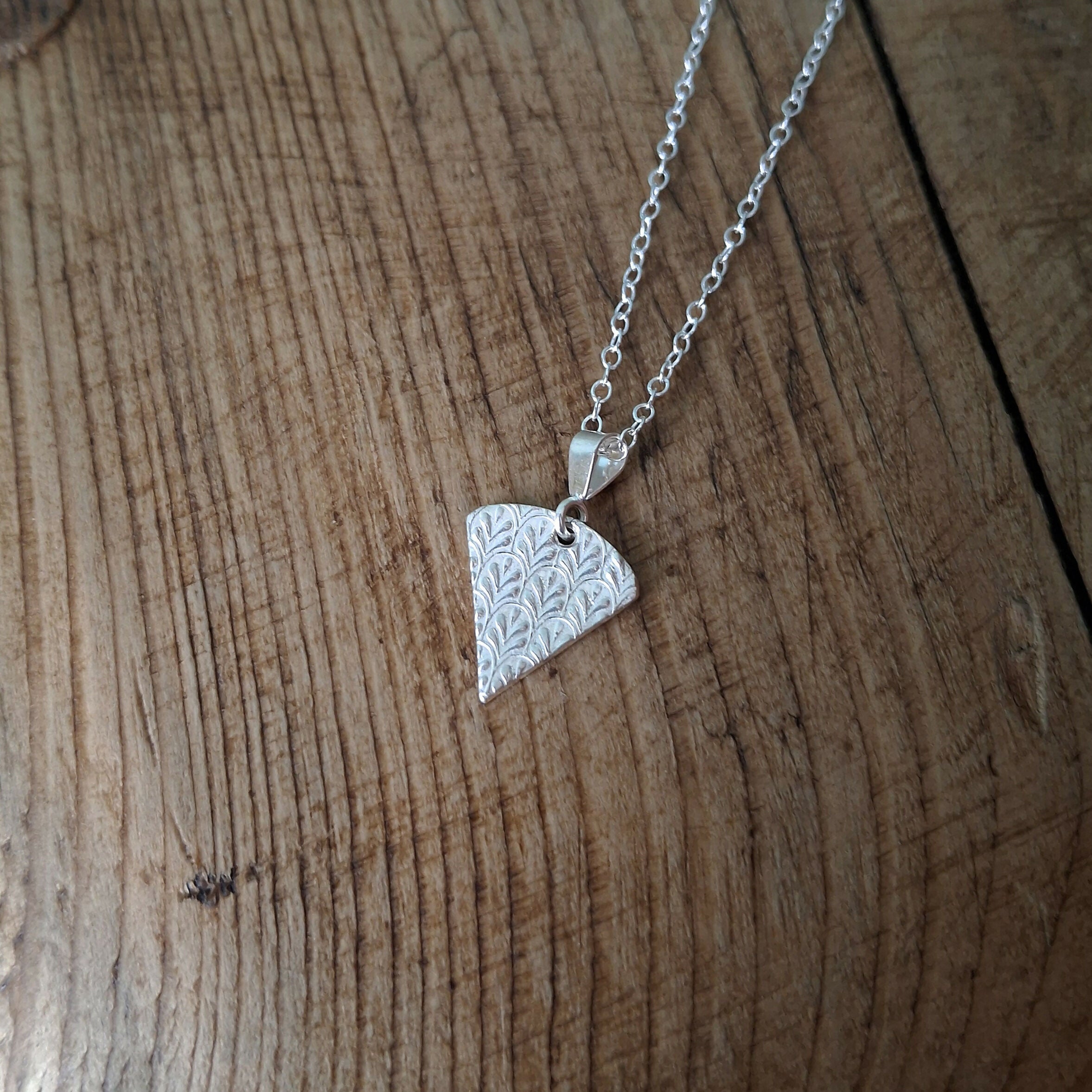Handmade Silver Triangle Charm Necklace Fancy Leaf Texture