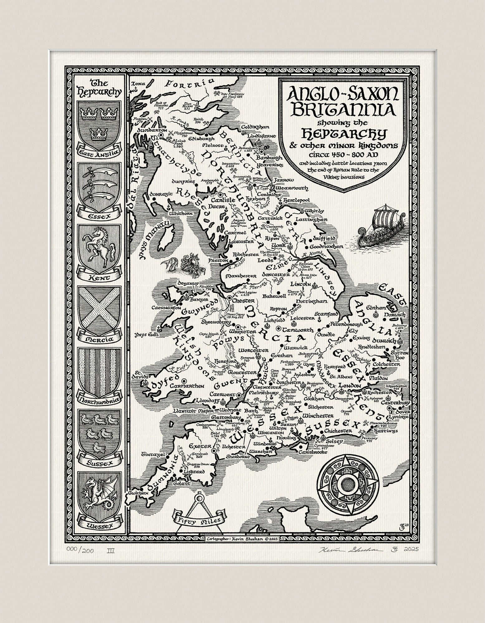 Anglo Saxon Britain Map Hand Drawn Fine Art Print
