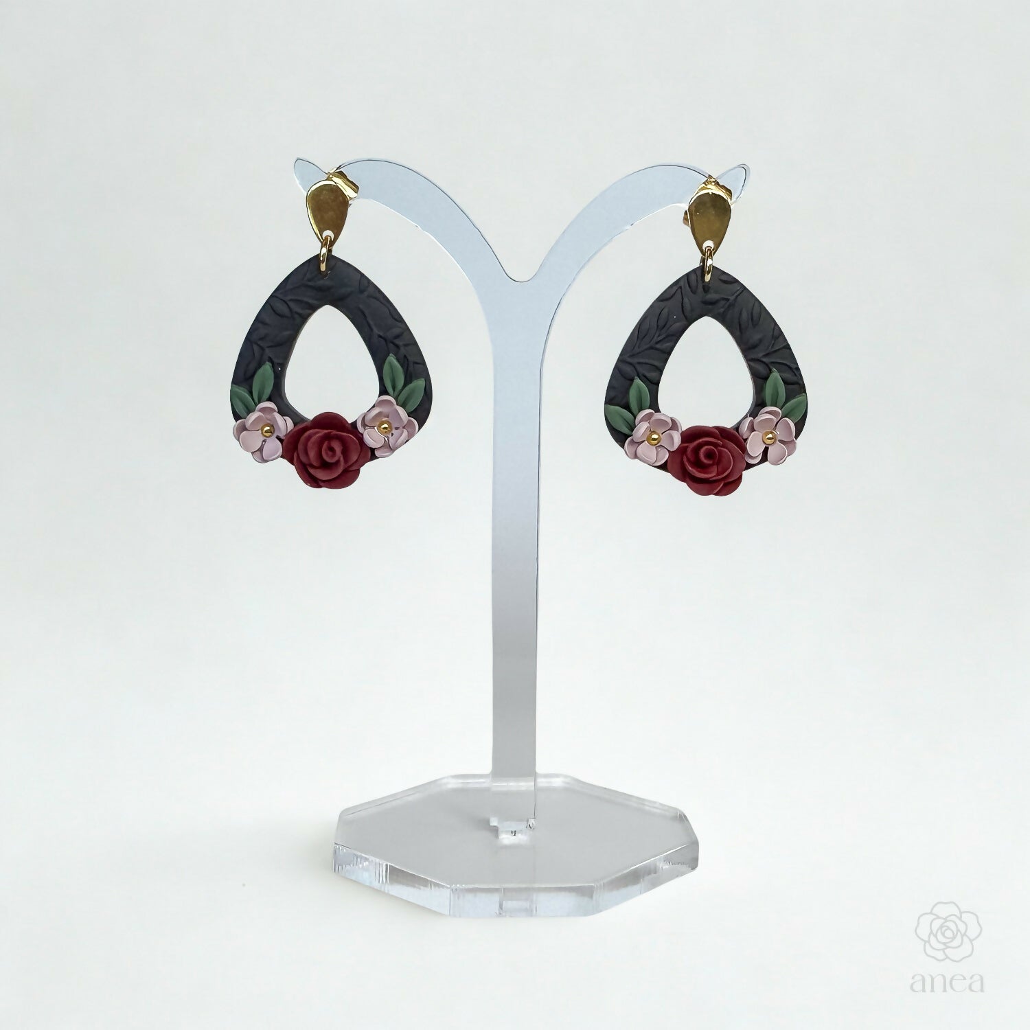 Dark Floral Drop Earrings with Bordeaux Rose and Pink Flower Detail