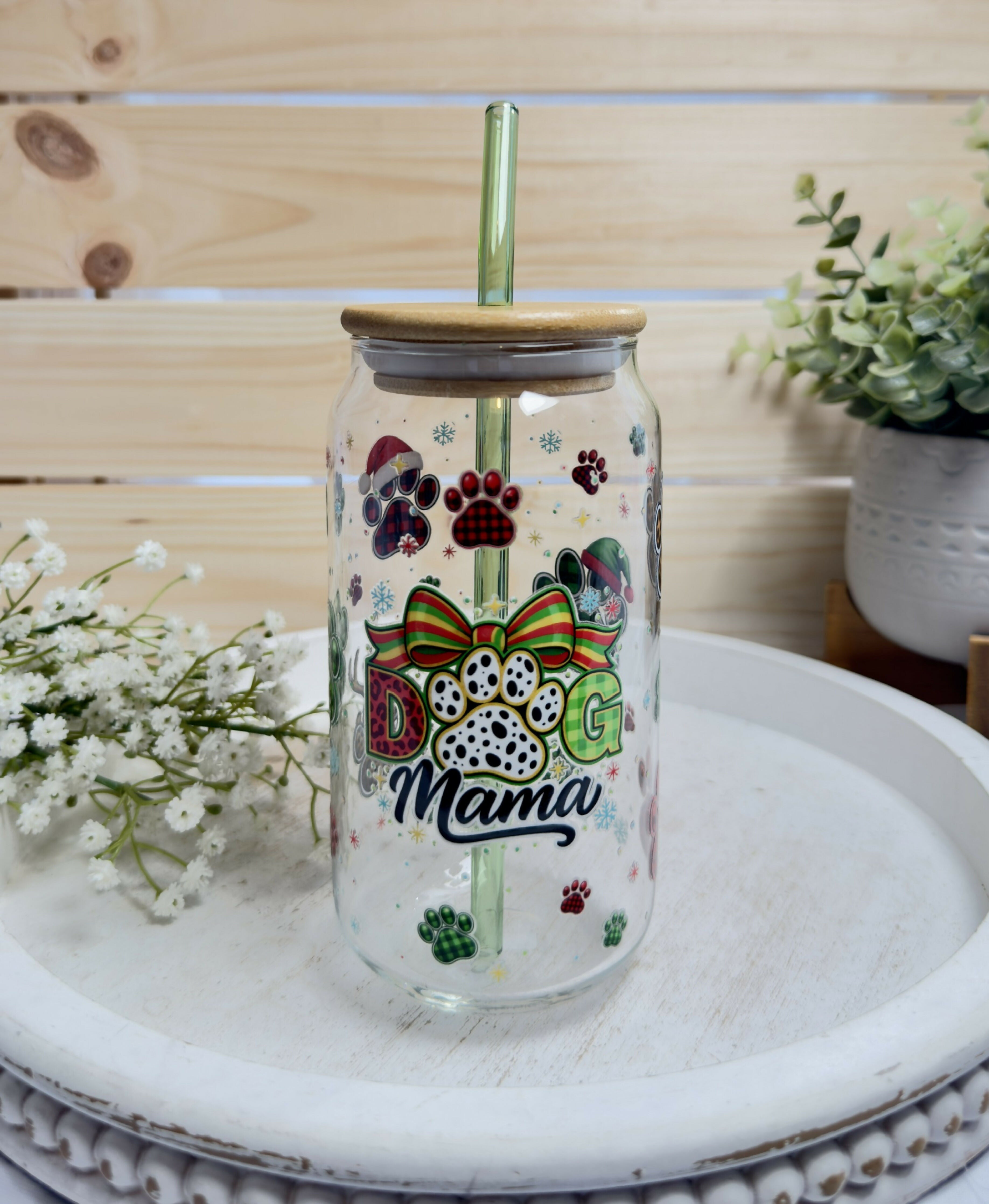 Glass Can Dog Mama Christmas Coquette