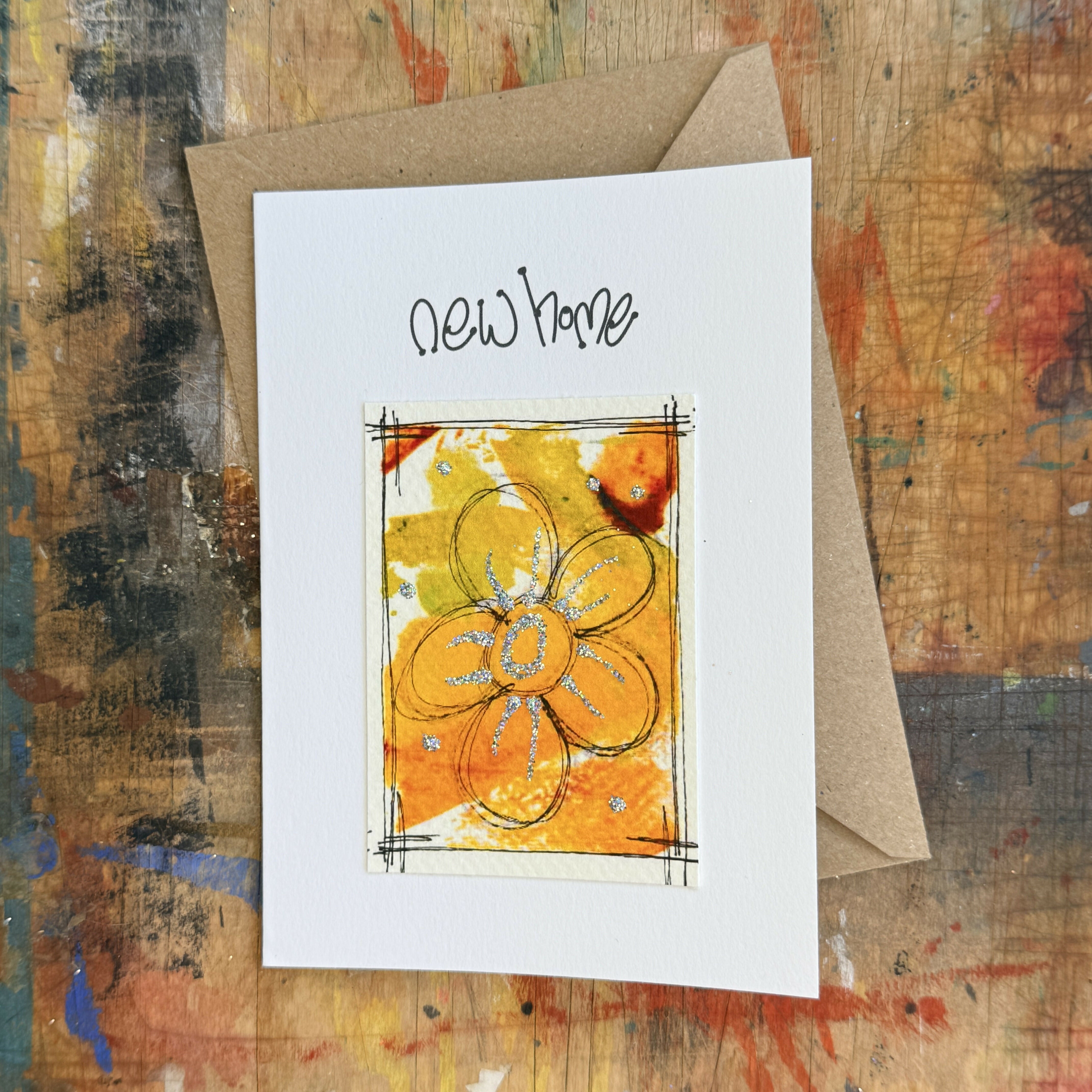 Abstract Sparkle Flower New Home Card in Yellow