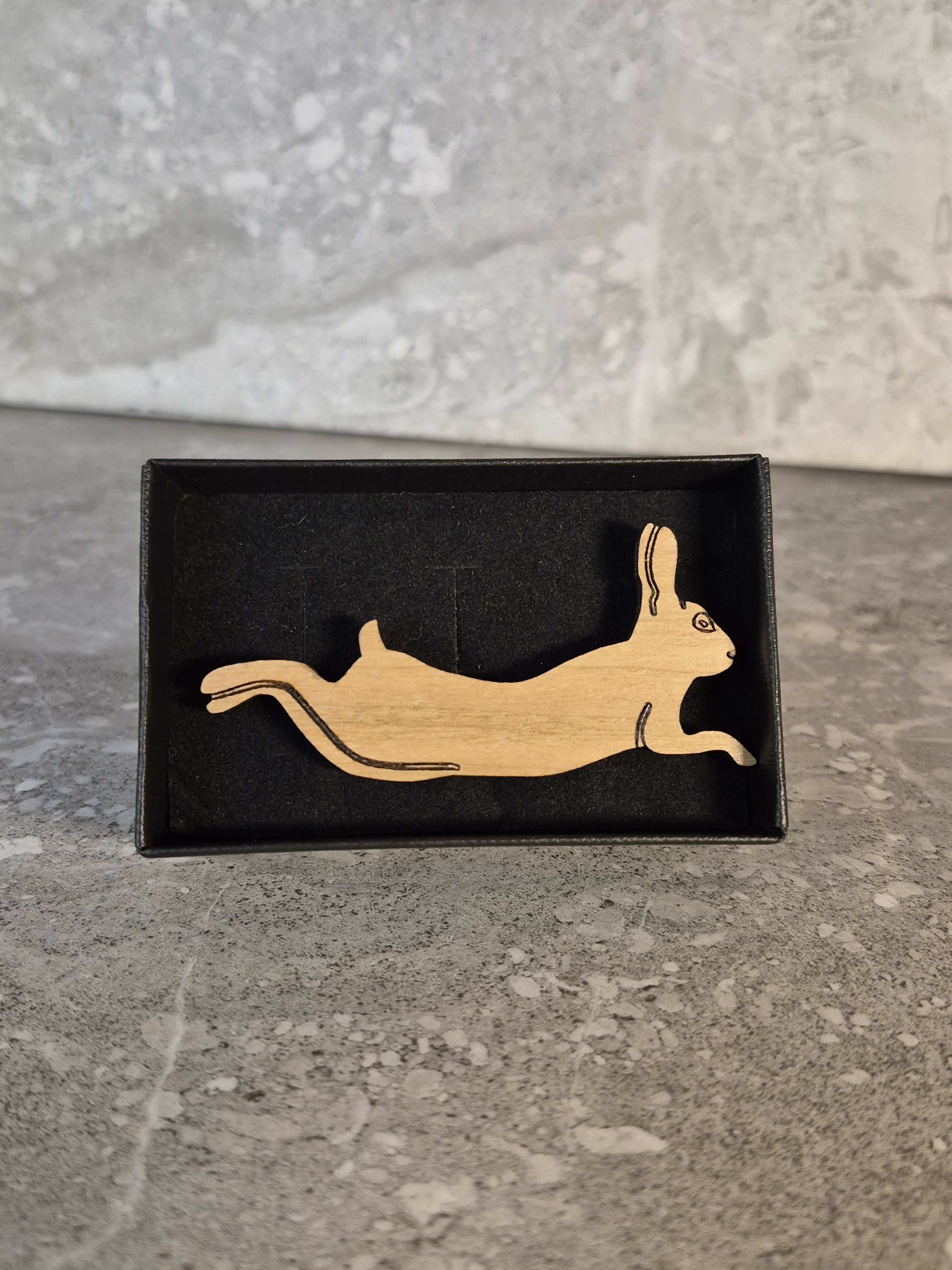 Handcrafted Cherry Veneered Leaping Hare Pin