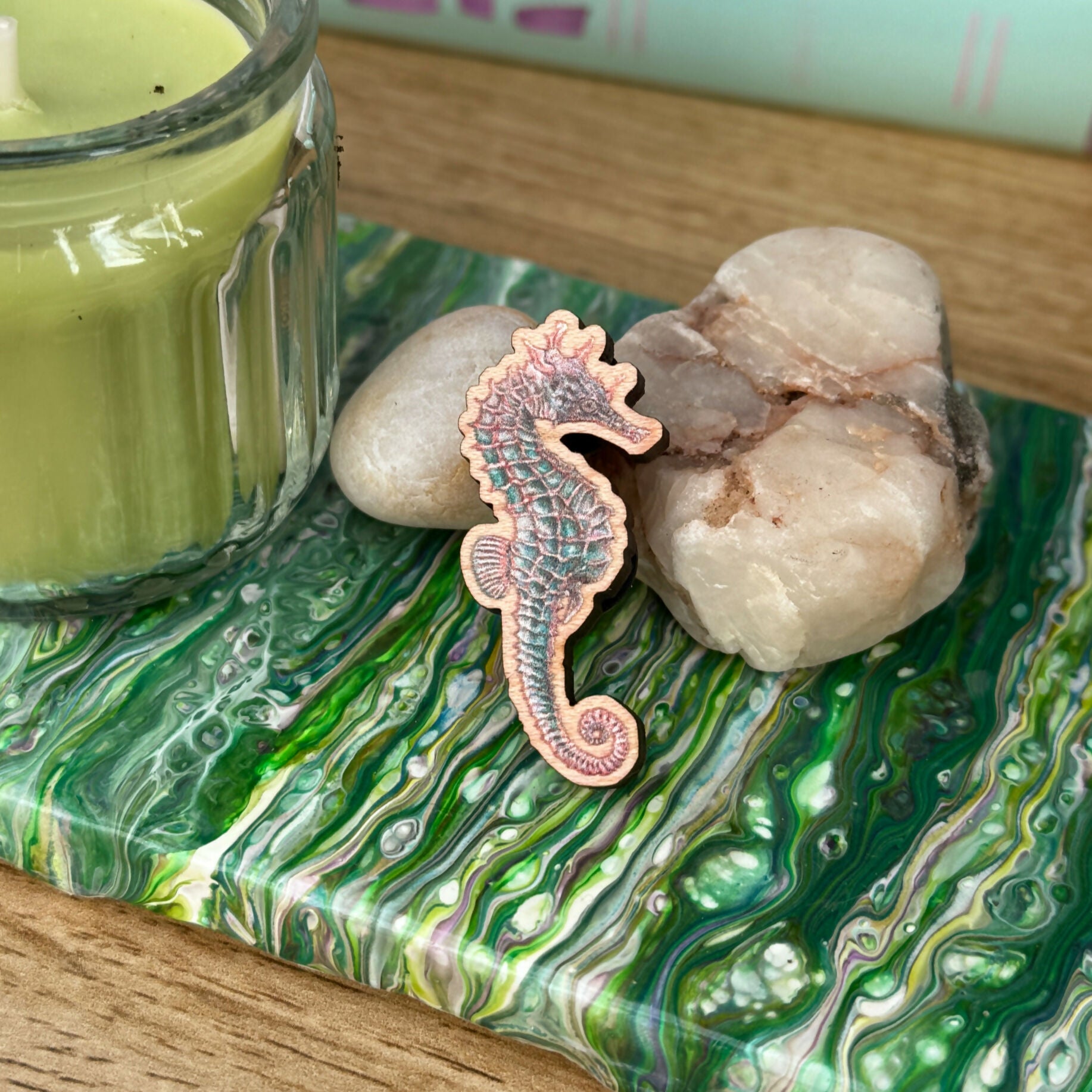 Seahorse - Pink and Teal - Wooden Pin