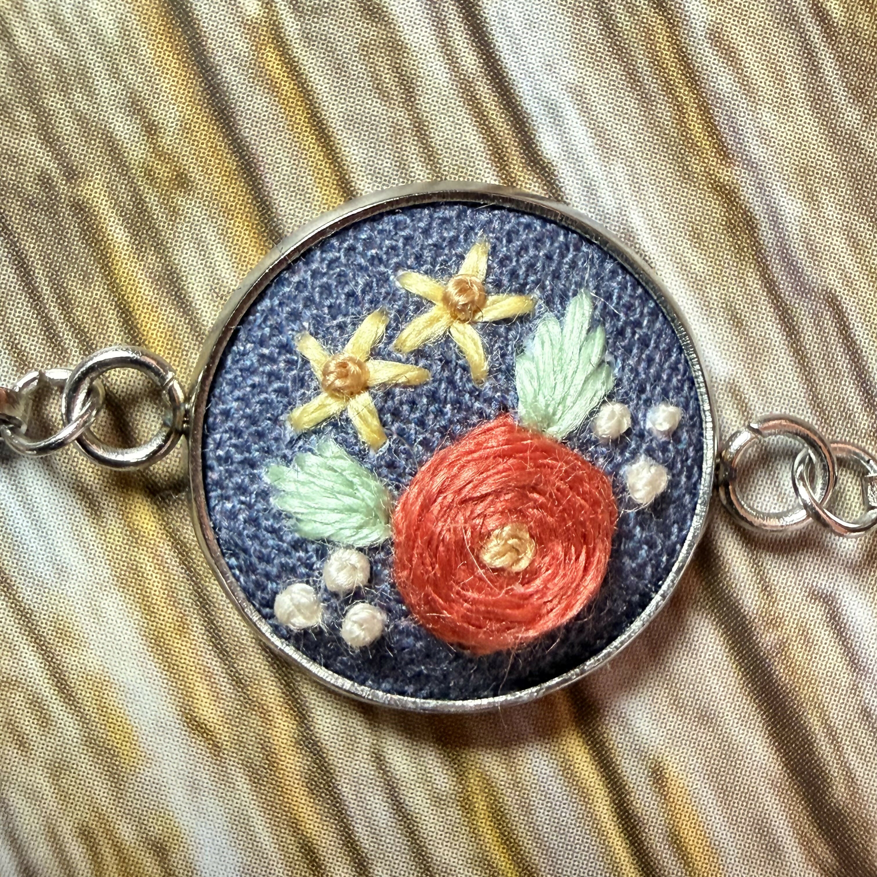 Hand Embroidered Blue Floral Bracelet