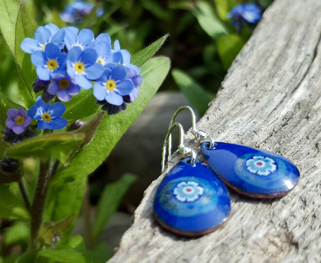 Blue Enamelled Teardrop Flower Drop Earrings with Sterling Silver Hooks
