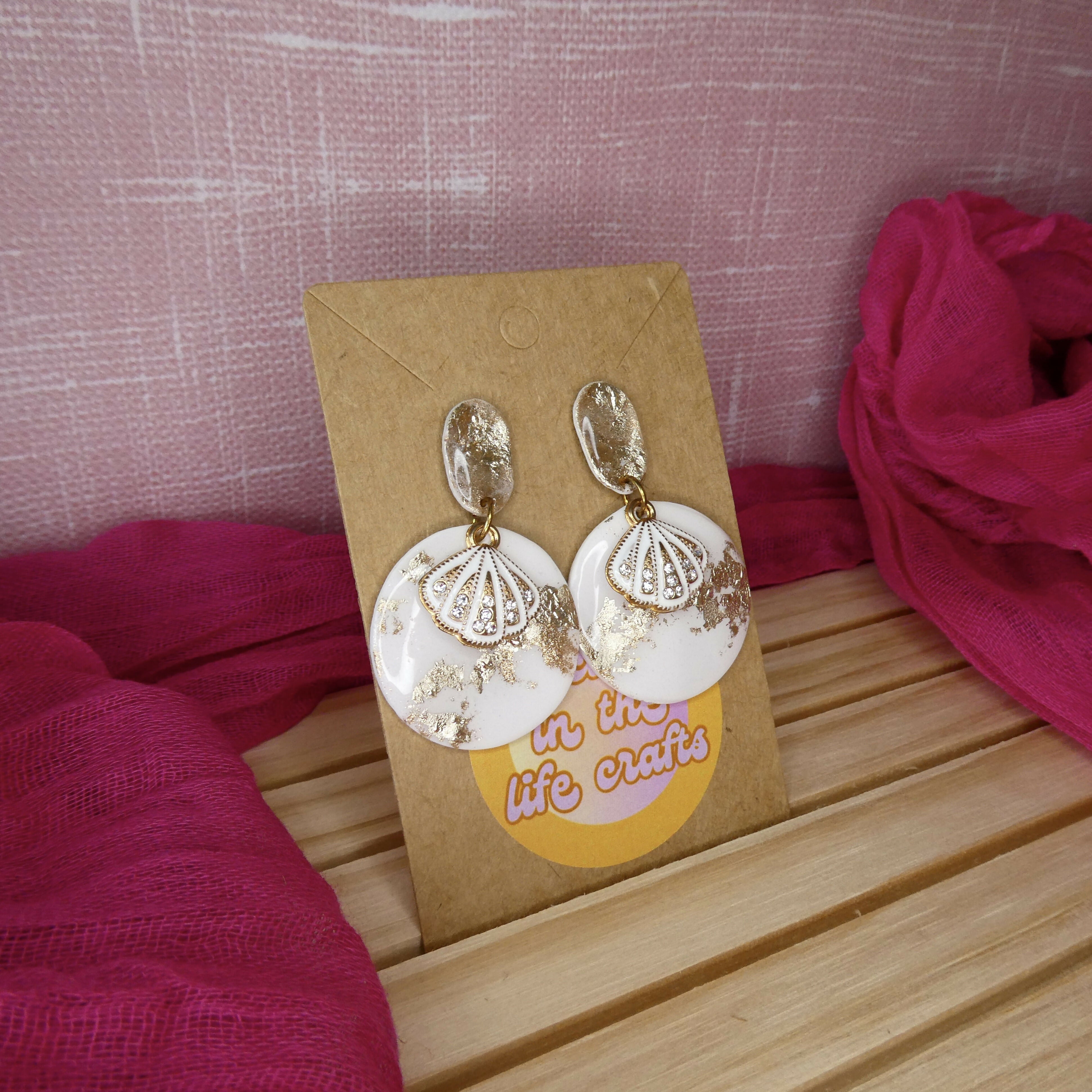 White And Gold Polymer Clay Earrings With Shell Charm
