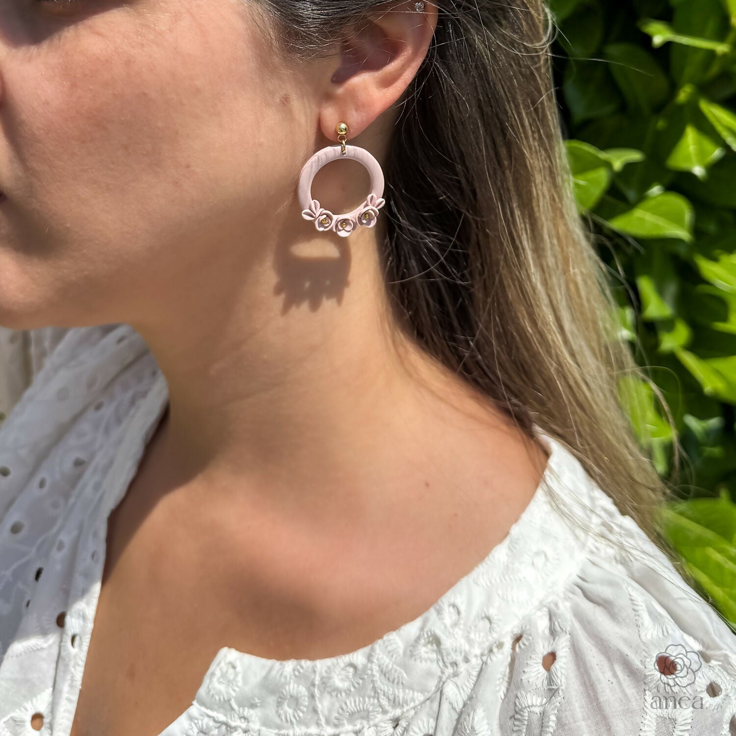 Floral Hoop Earrings with Blush Petal Clusters