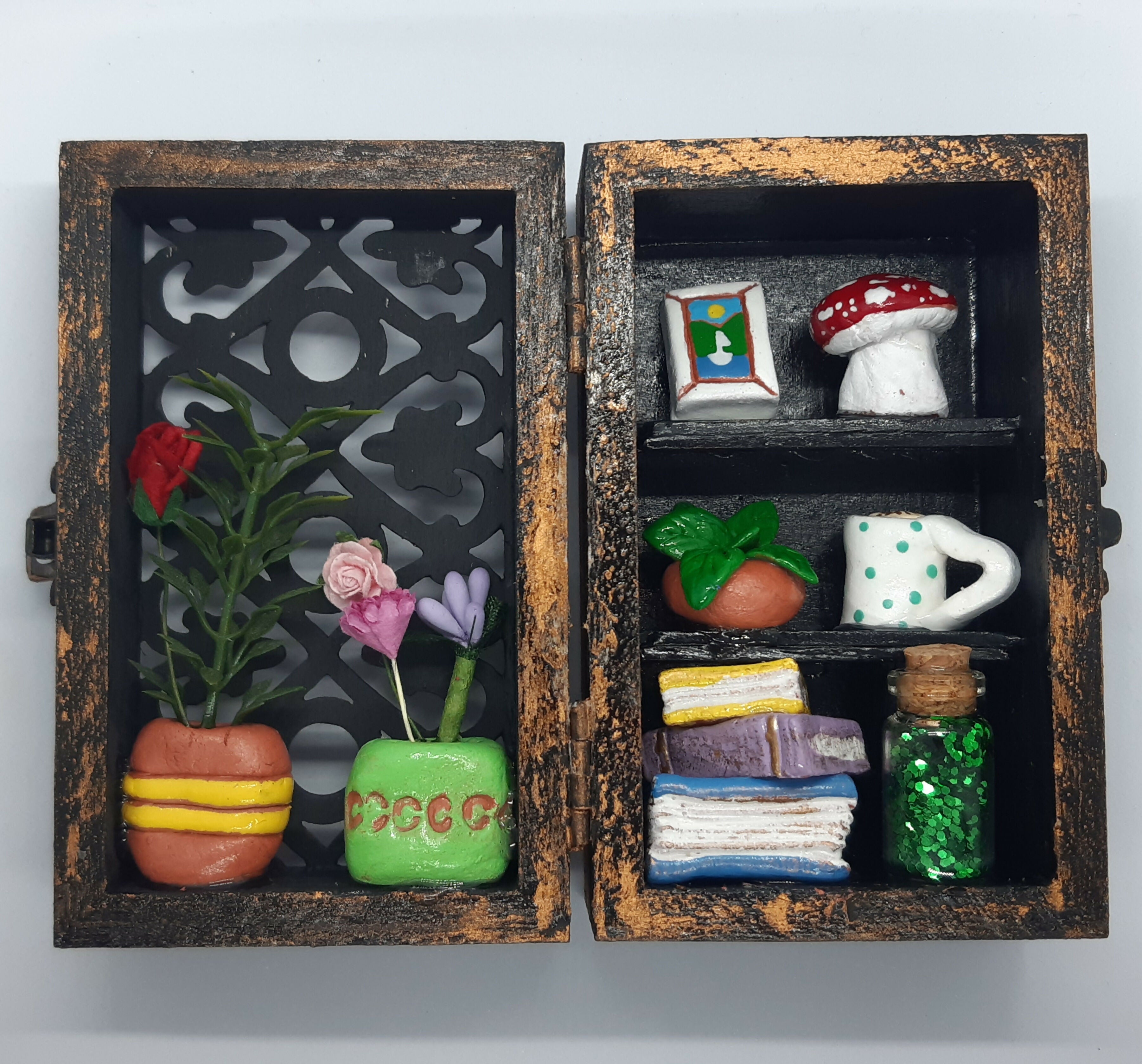 Bookcase Diorama Clay Trinket Filled Wooden Box