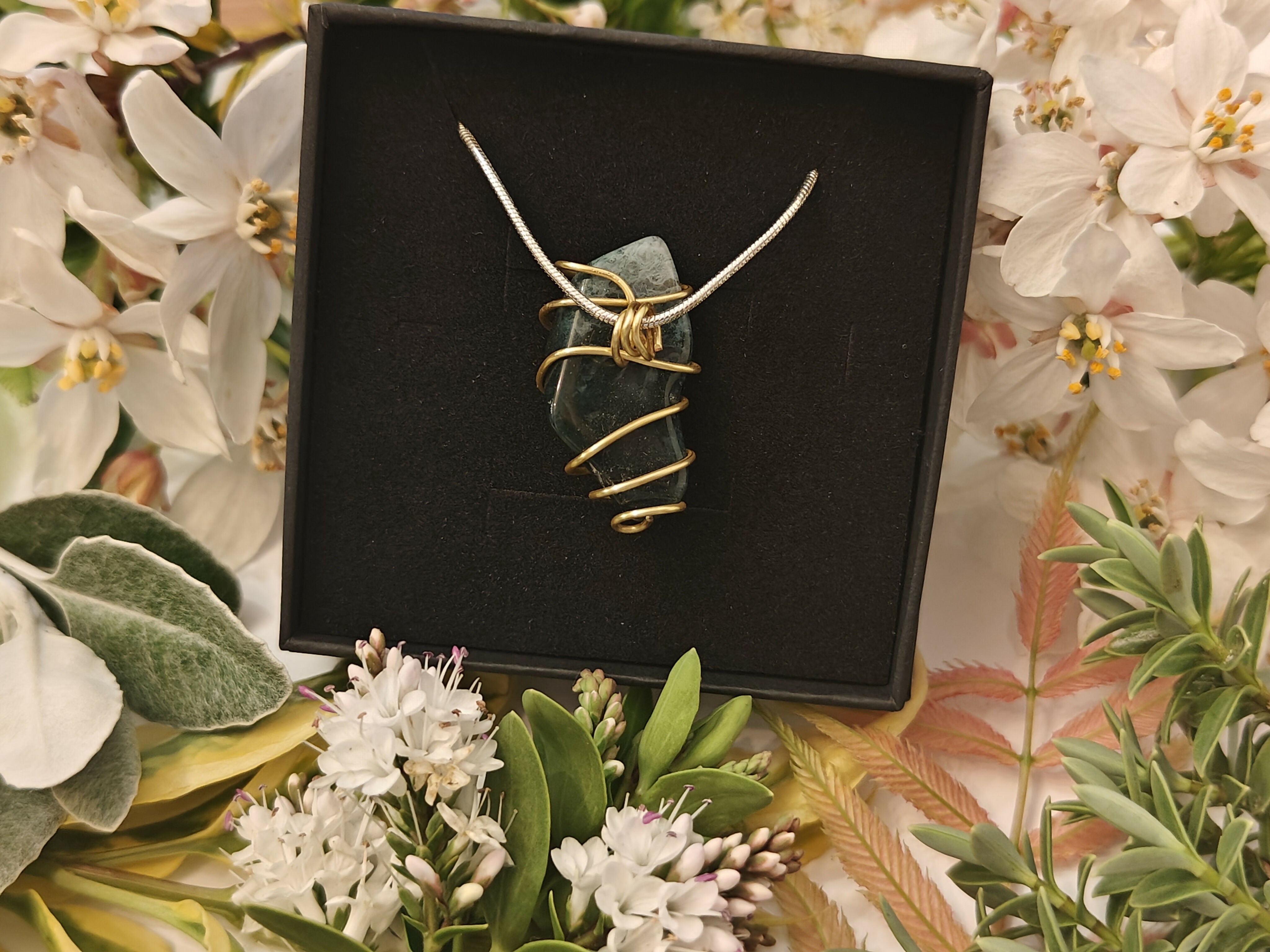 Moss Agate Wire Wrapped Crystal Necklace on Sterling Silver Chain
