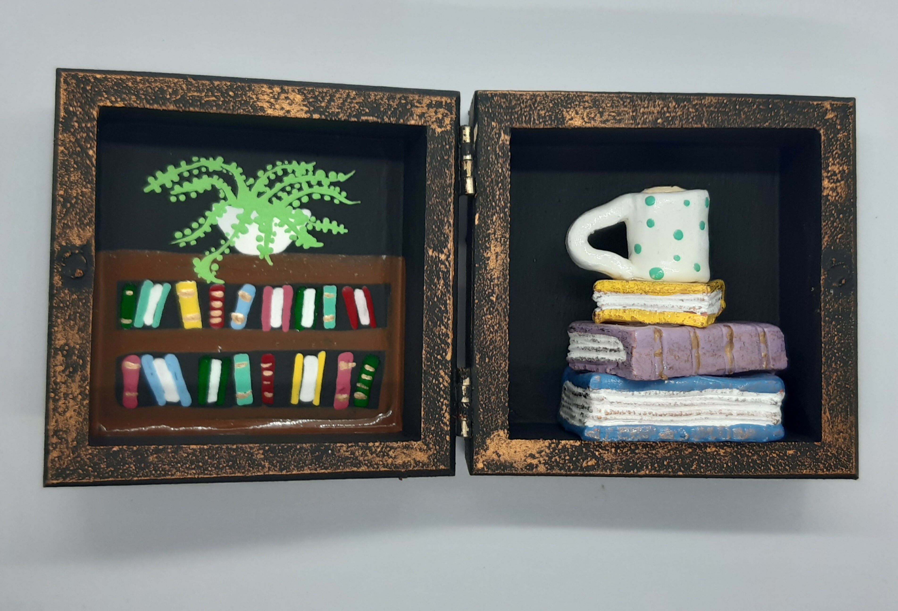 Clay Book and Mug Diorama in a Painted Box