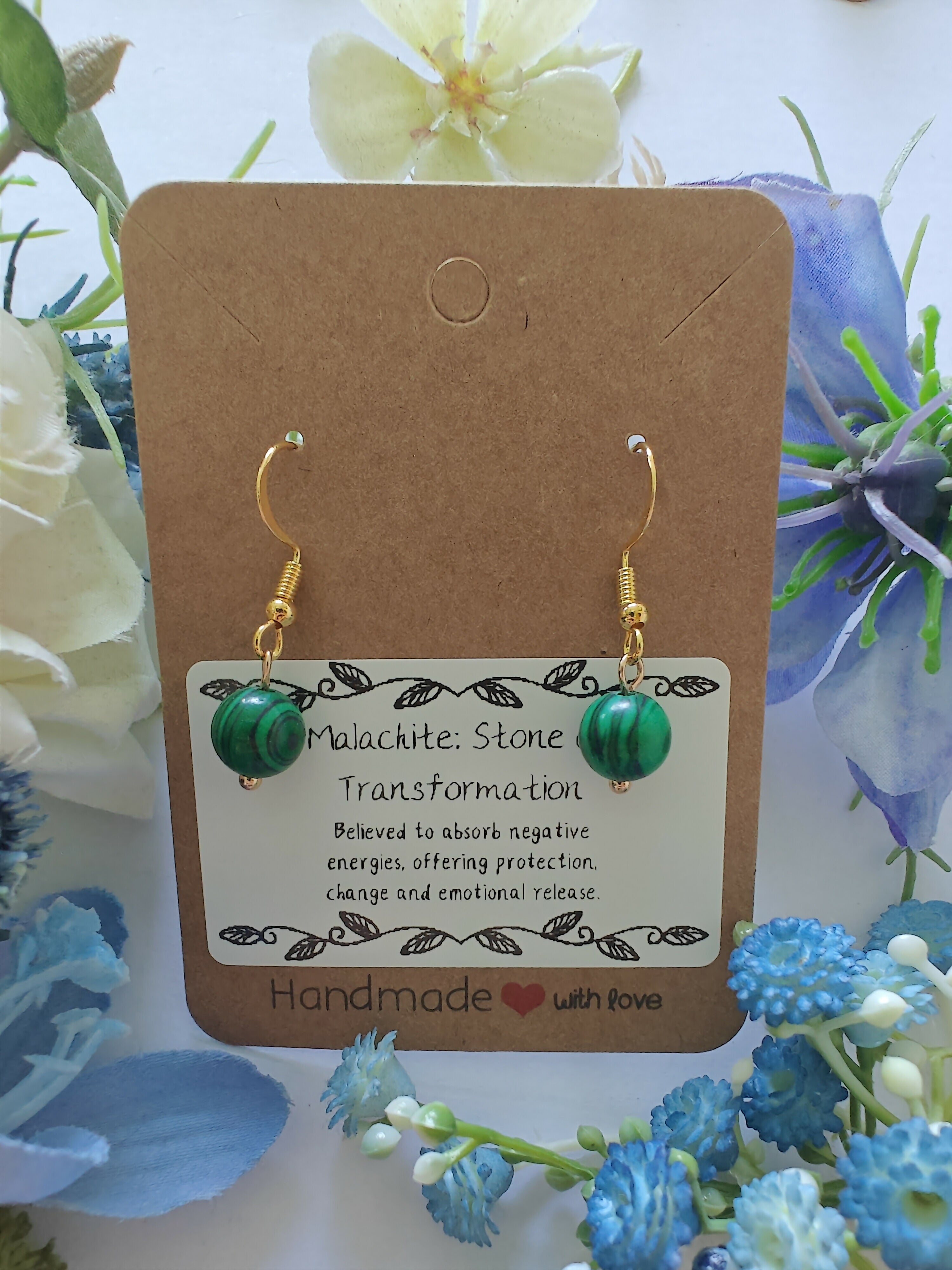 Malachite Earrings on Gold Coloured Sterling Silver Plated Hooks