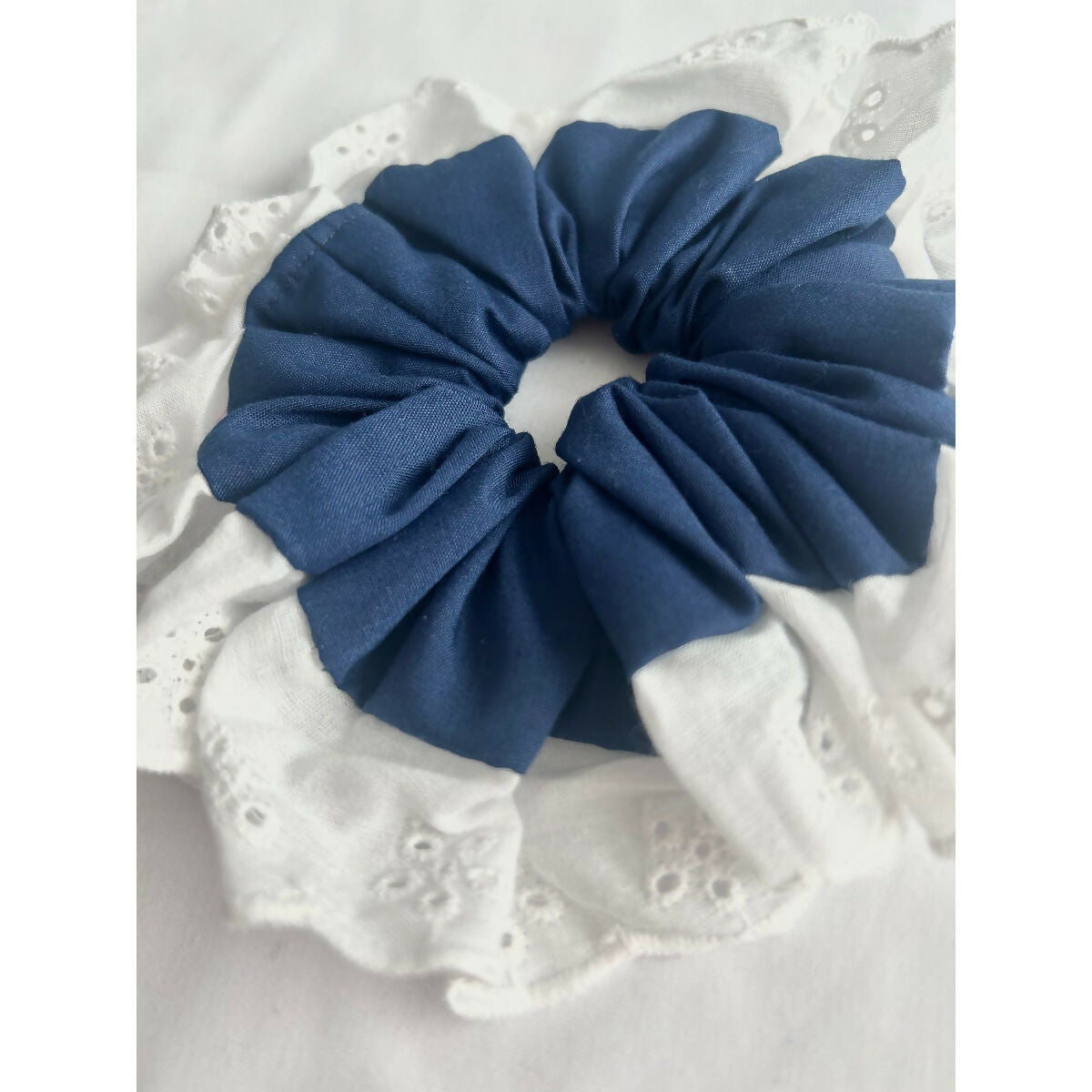 Navy Blue Oversized Ruffle Broderie Lace Hair Scrunchie