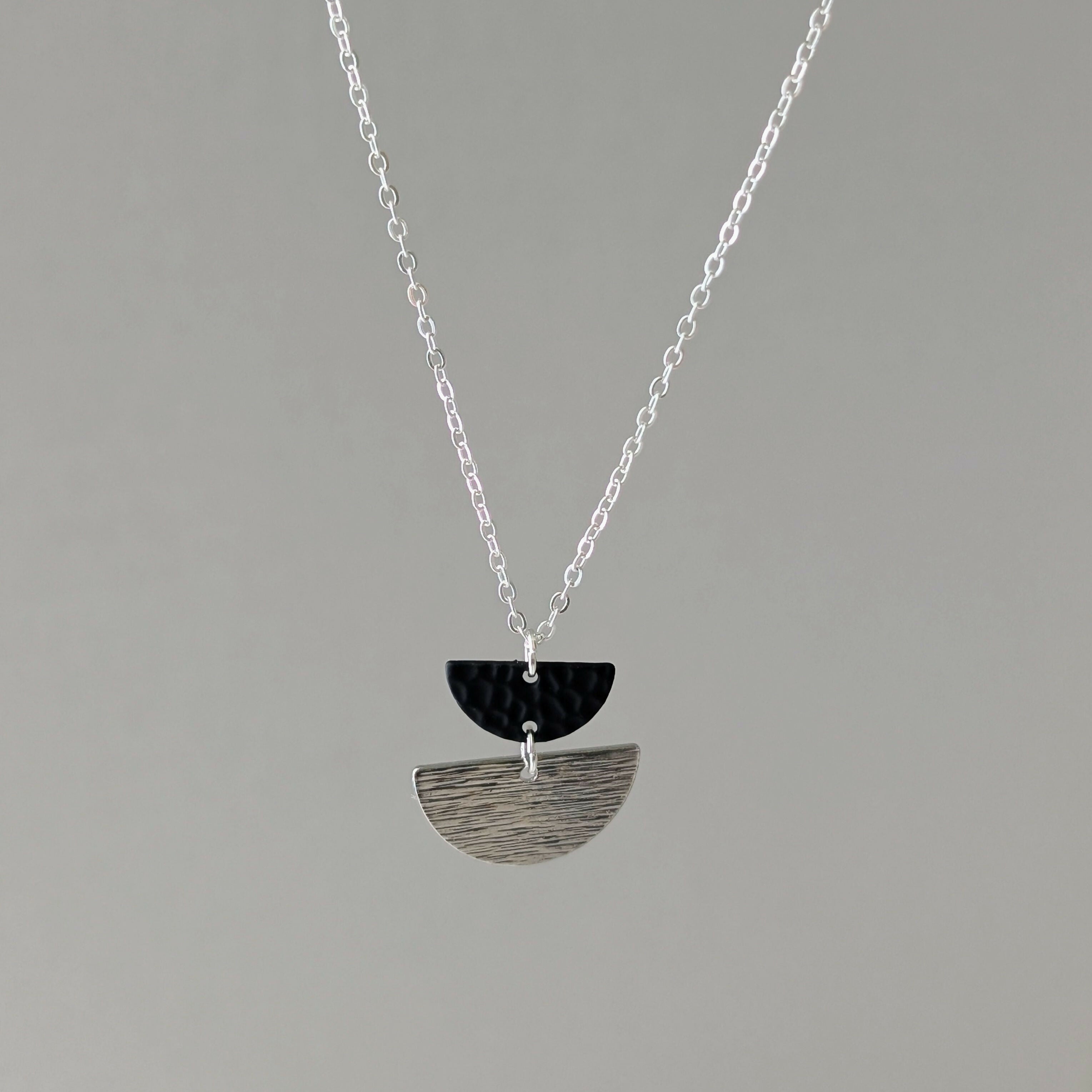 Geometric Necklace with Matte Black Charm and Silver Half Moon on Fine Silver Plated Chain