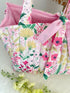 Quilted Tote Bag Pink Floral Design with Ribbon Closure Handmade in UK