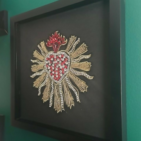 Stunning Beaded & Embroidered Sacred Heart In A Black Box Frame