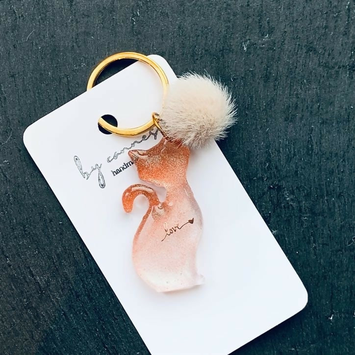 Hand-Poured Vibrant Mica Powder Resin Cat Keyring, Bag Charm with a Pom Pom