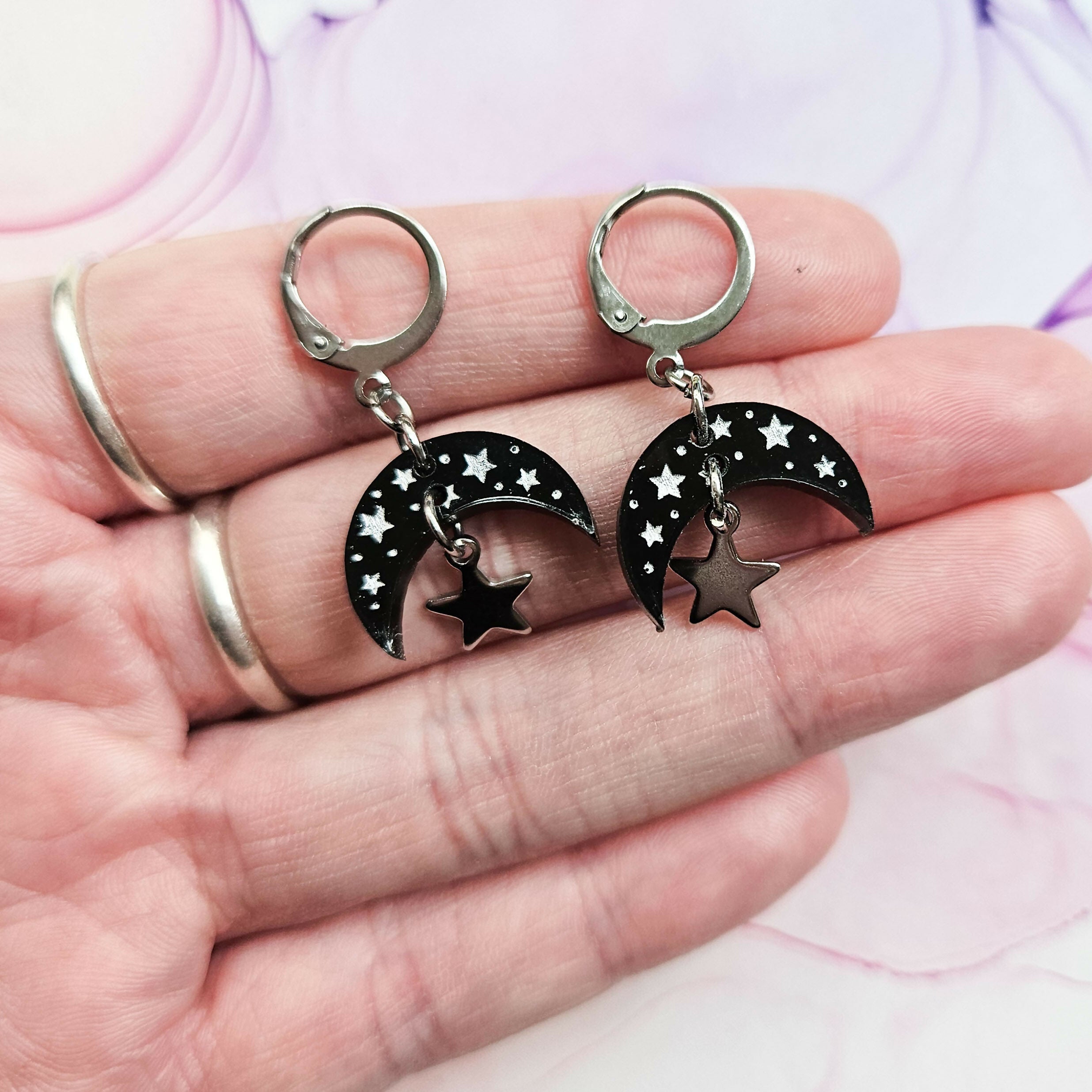 Handmade Half Moon And Silver Star Charms Resin Huggie Hoops