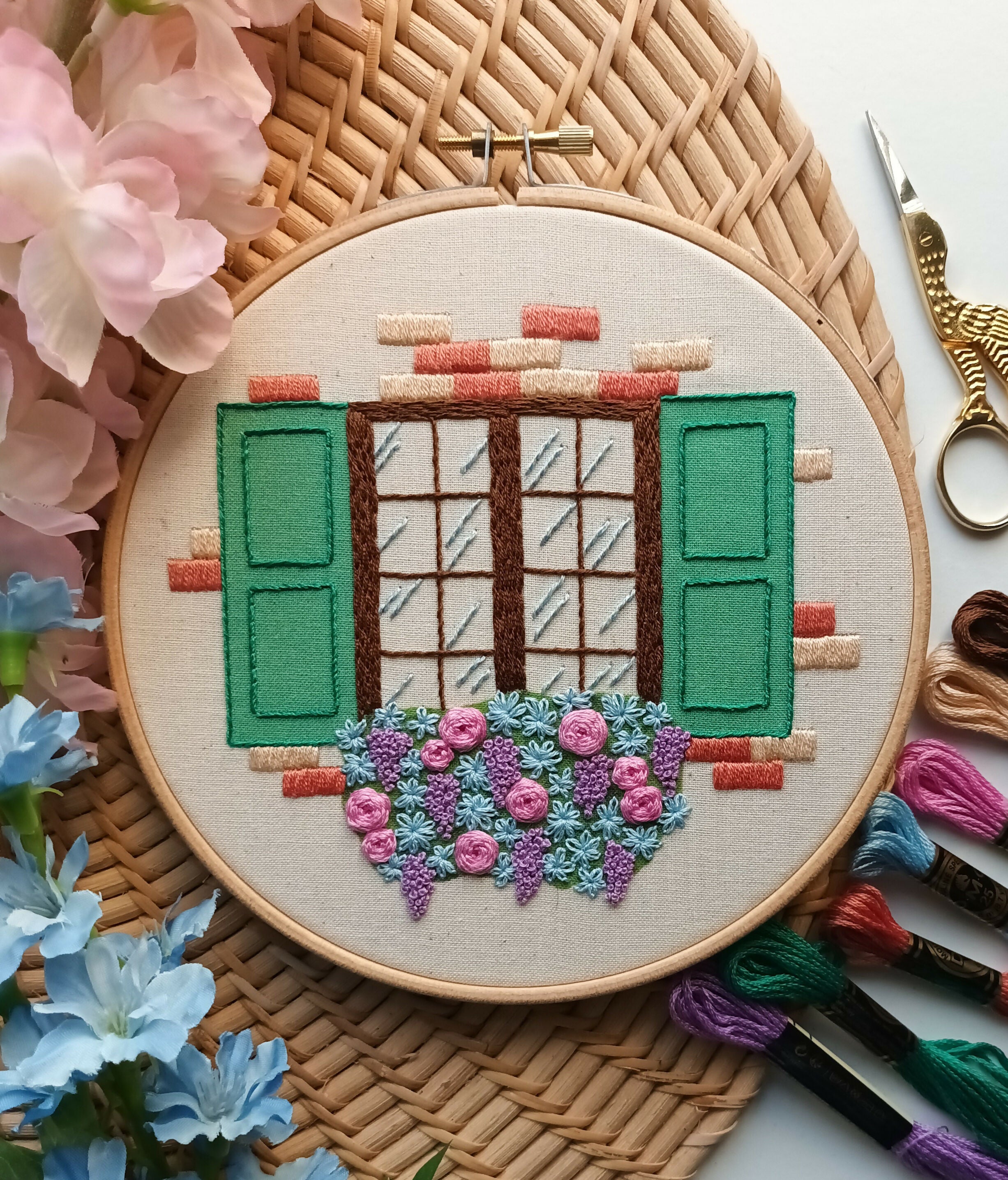 Preprinted Embroidery Pattern For Beginners - Window Flowers