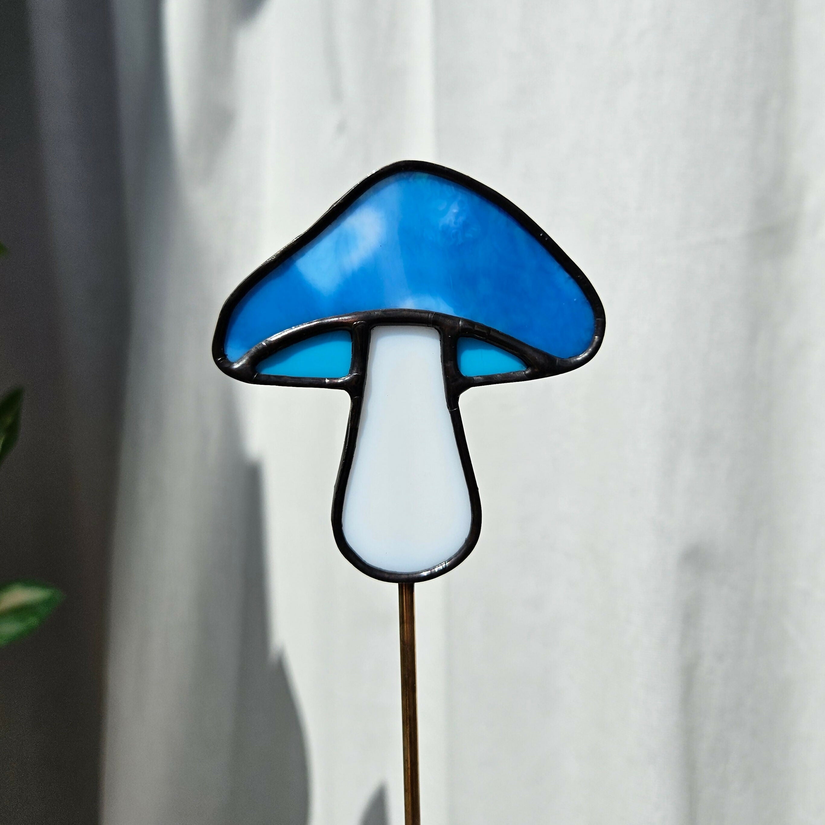 Mottled Blue Mushroom Stained Glass Plantstake