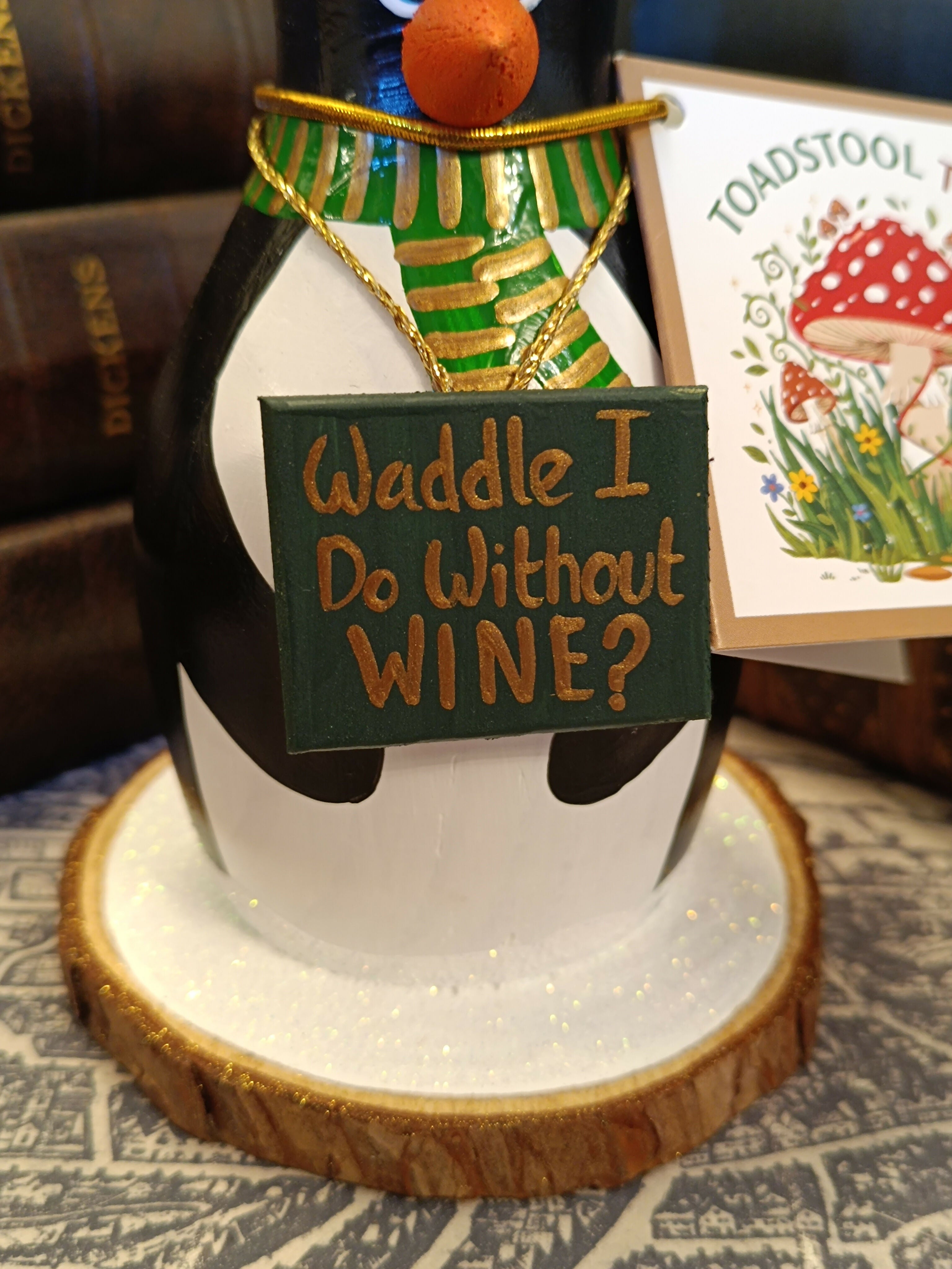 Handmade Wooden Holiday Penguin Figurine - "Waddle I Do Without Wine?"