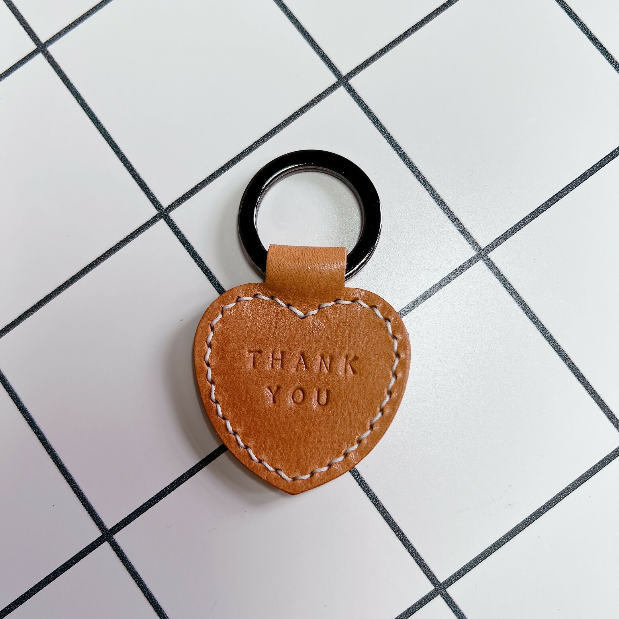 Heart Shaped Leather Keyring - THANK YOU