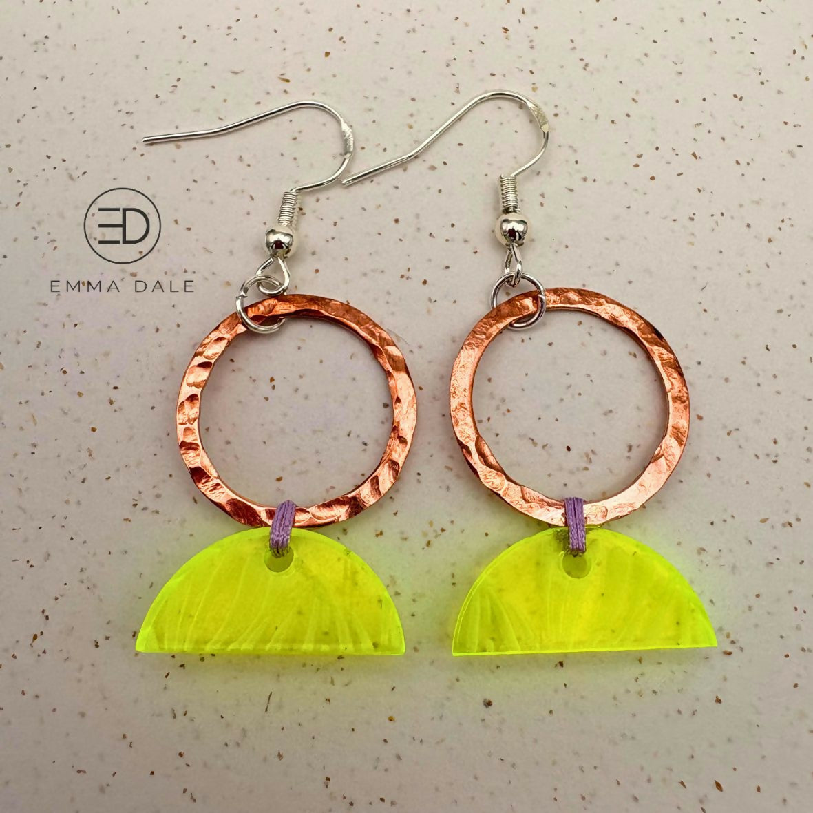 Neon Yellow Acrylic & Hand-Hammered Copper Semi-Circle Earrings