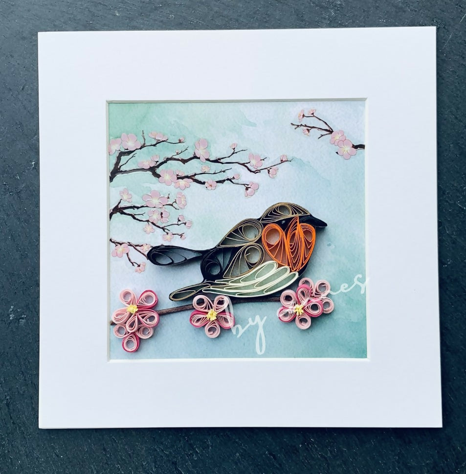 Handmade Paper Quilling Robin Bird with White Framed