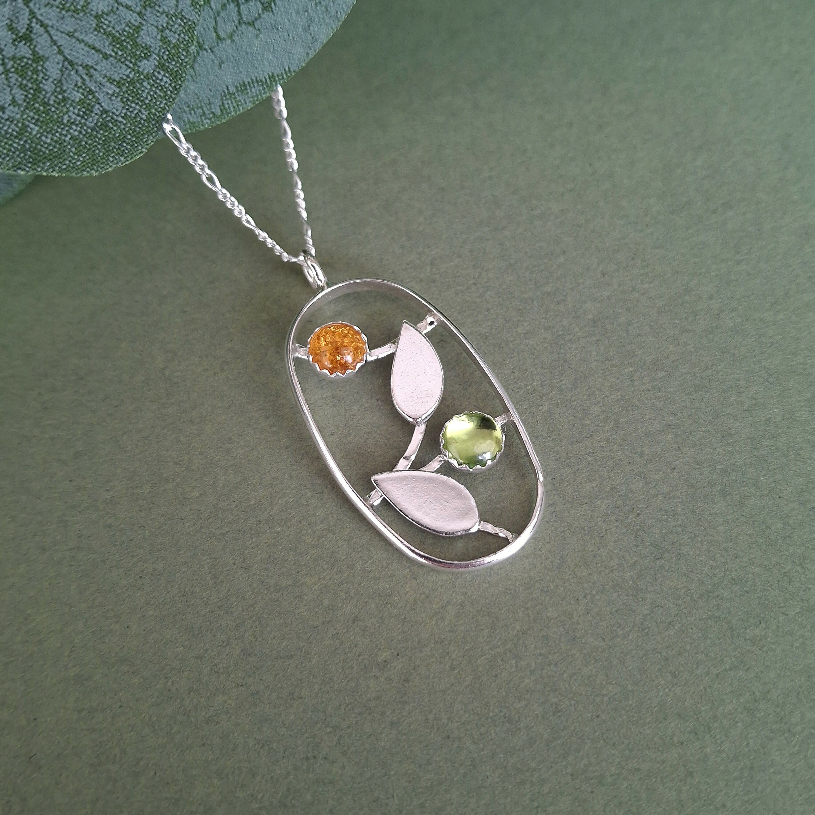 Handmade Oval Silver Leaf Necklace With Amber & Peridot