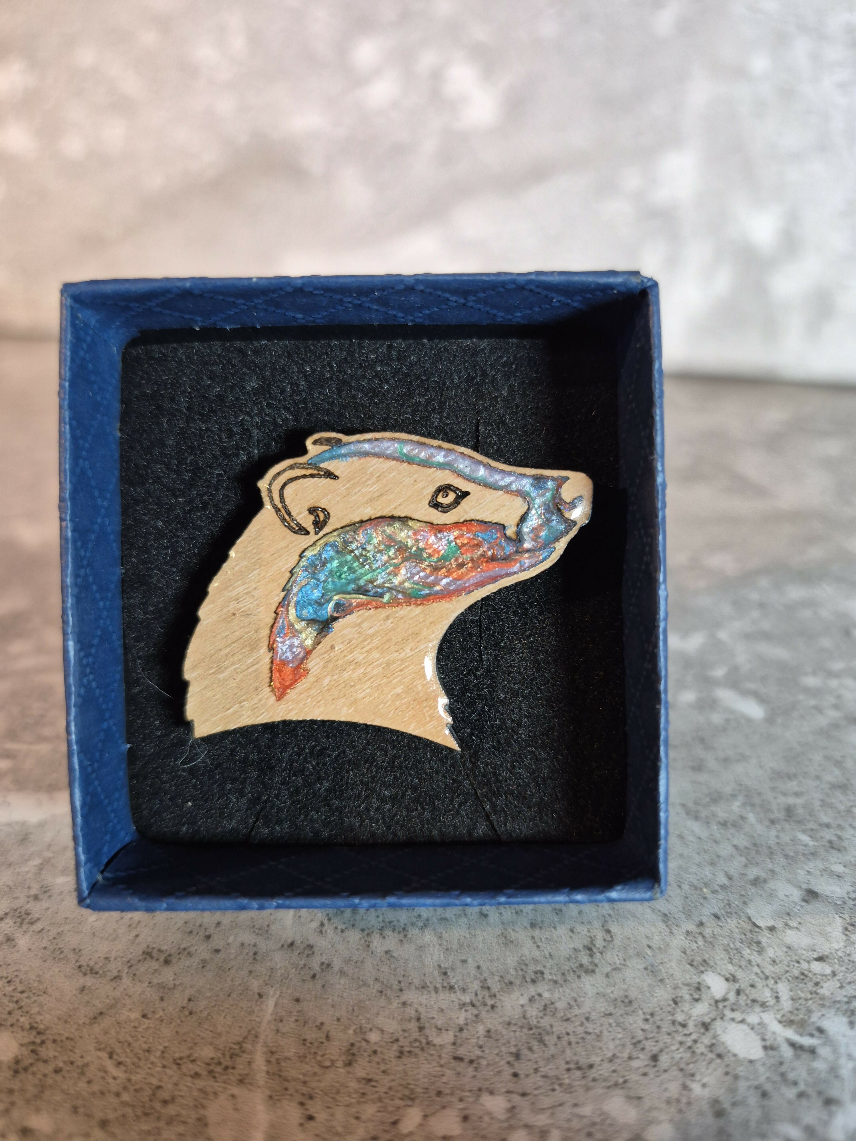 Handcrafted Cherry Veneered Badger Head Pin