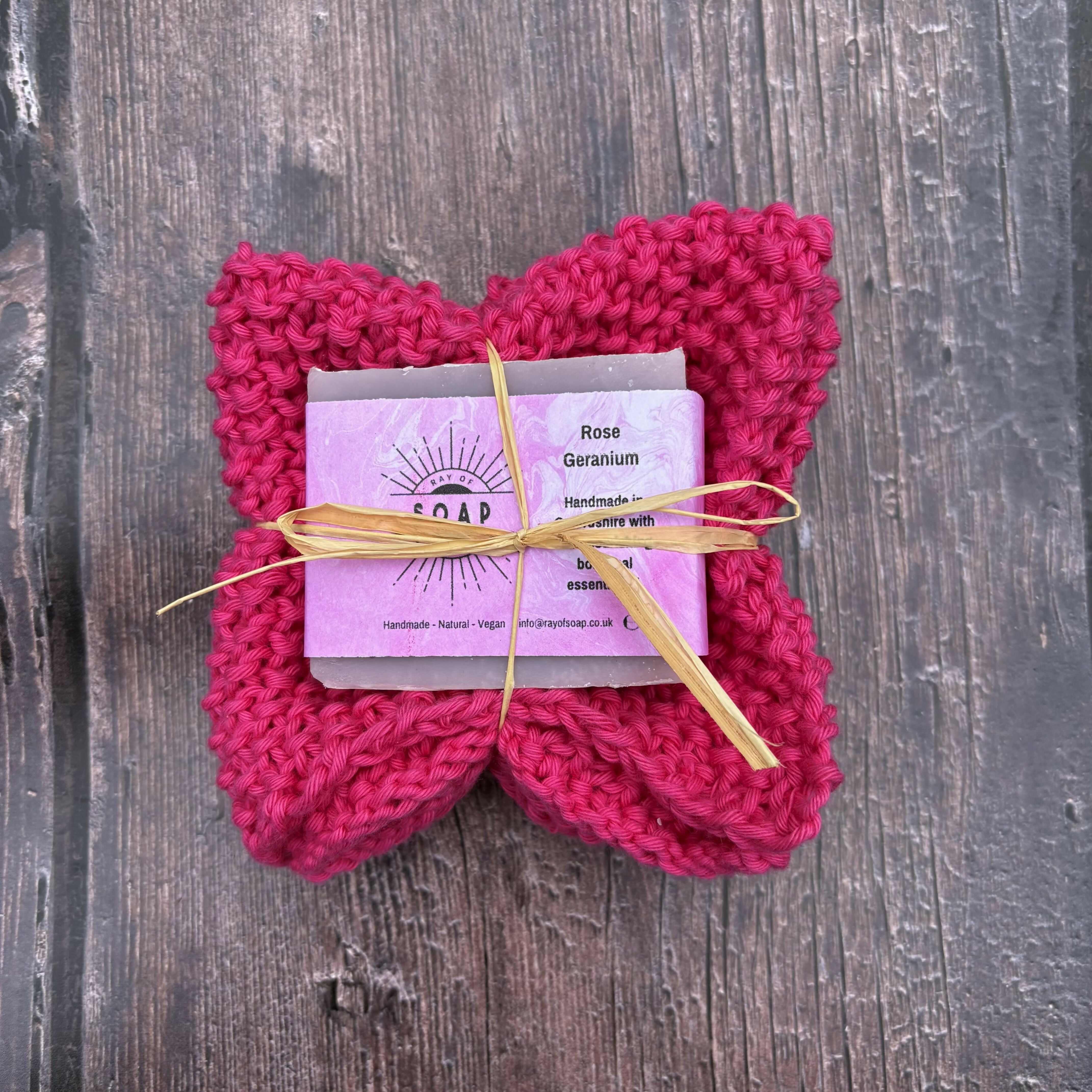 Hand Knitted Washcloth and Soap Bundle