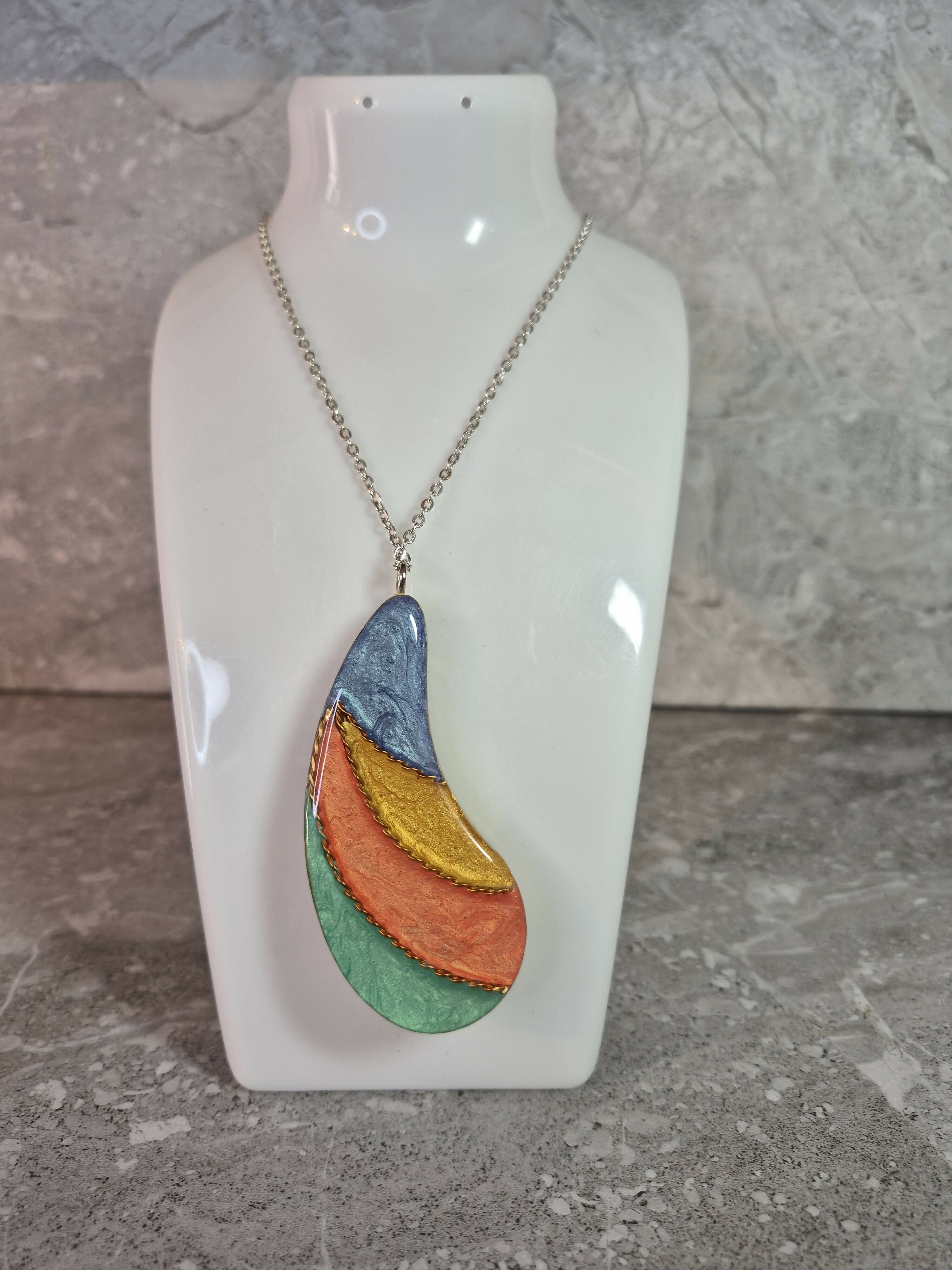 Unique Hand Crafted Double Sided Tear Drop Shape Pendant With Swirling Blue, Gold, Red and Green Colours