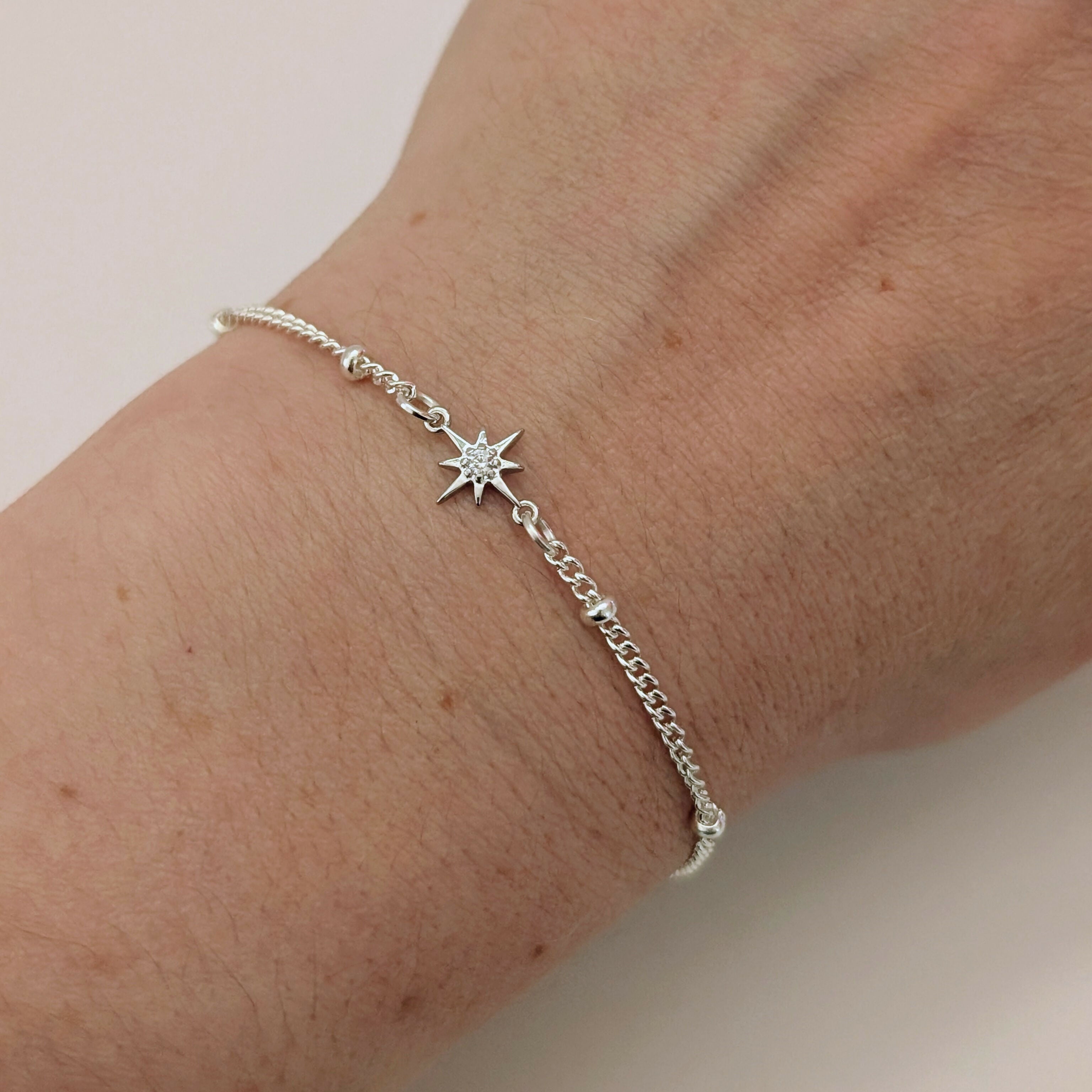 Silver Tiny Star Cubic Zirconia Bracelet on a Delicate Beaded Silver Plated Chain