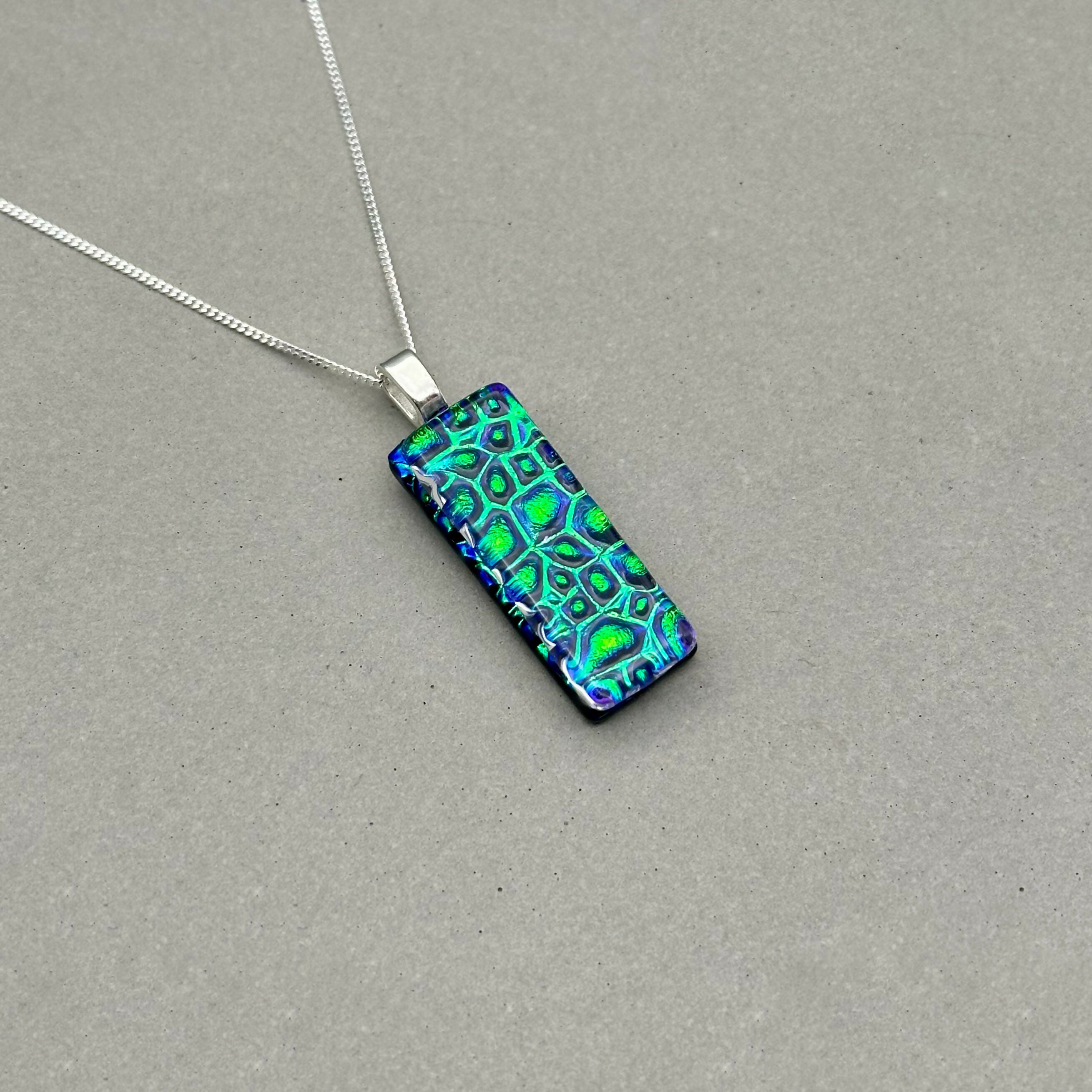 Emerald Green Raindrop Dichroic Fused Glass Pendant with Silver Plated Chain - Handmade by Jade Tapson Glass.