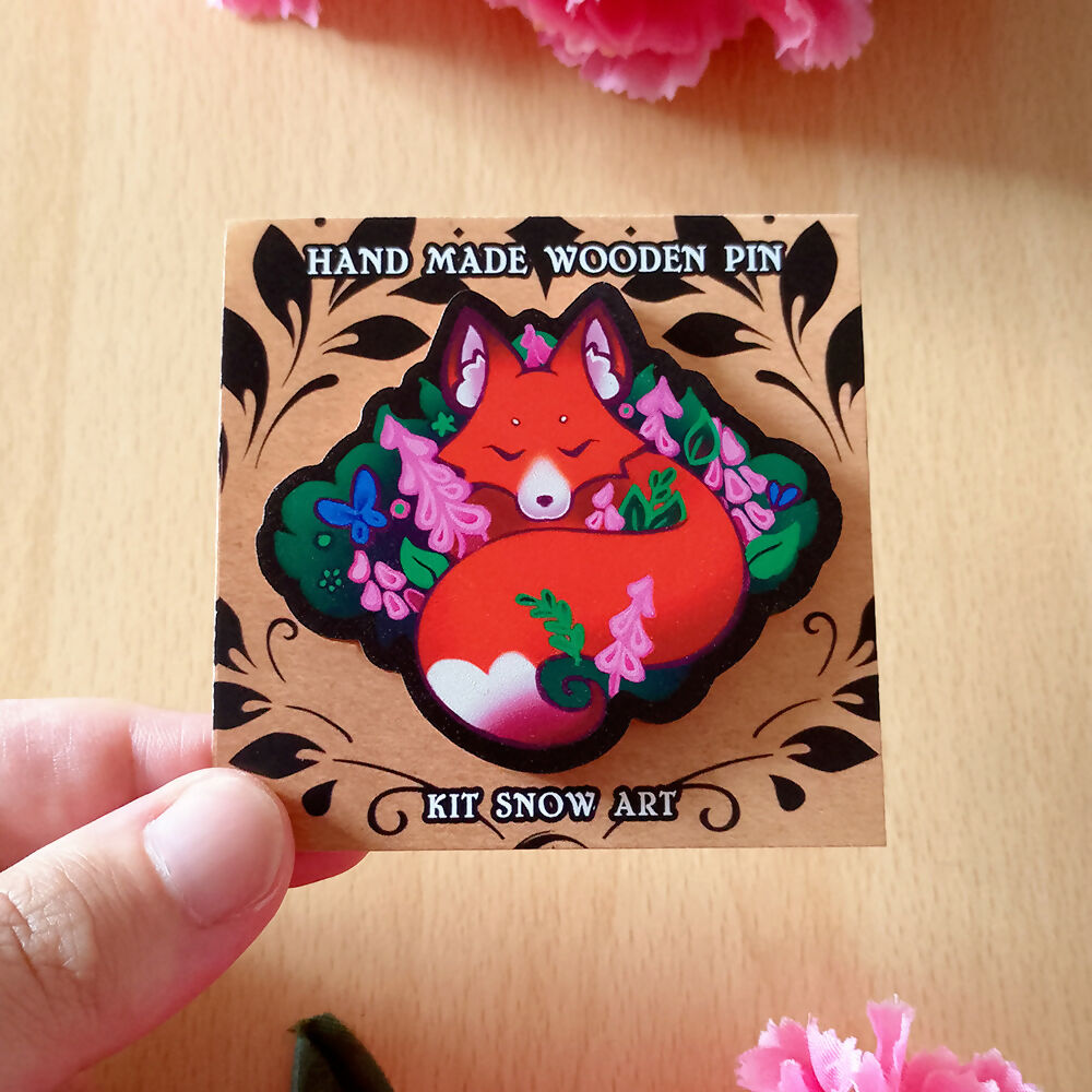 Fox & Foxgloves Hand Made Eco Wood Pin