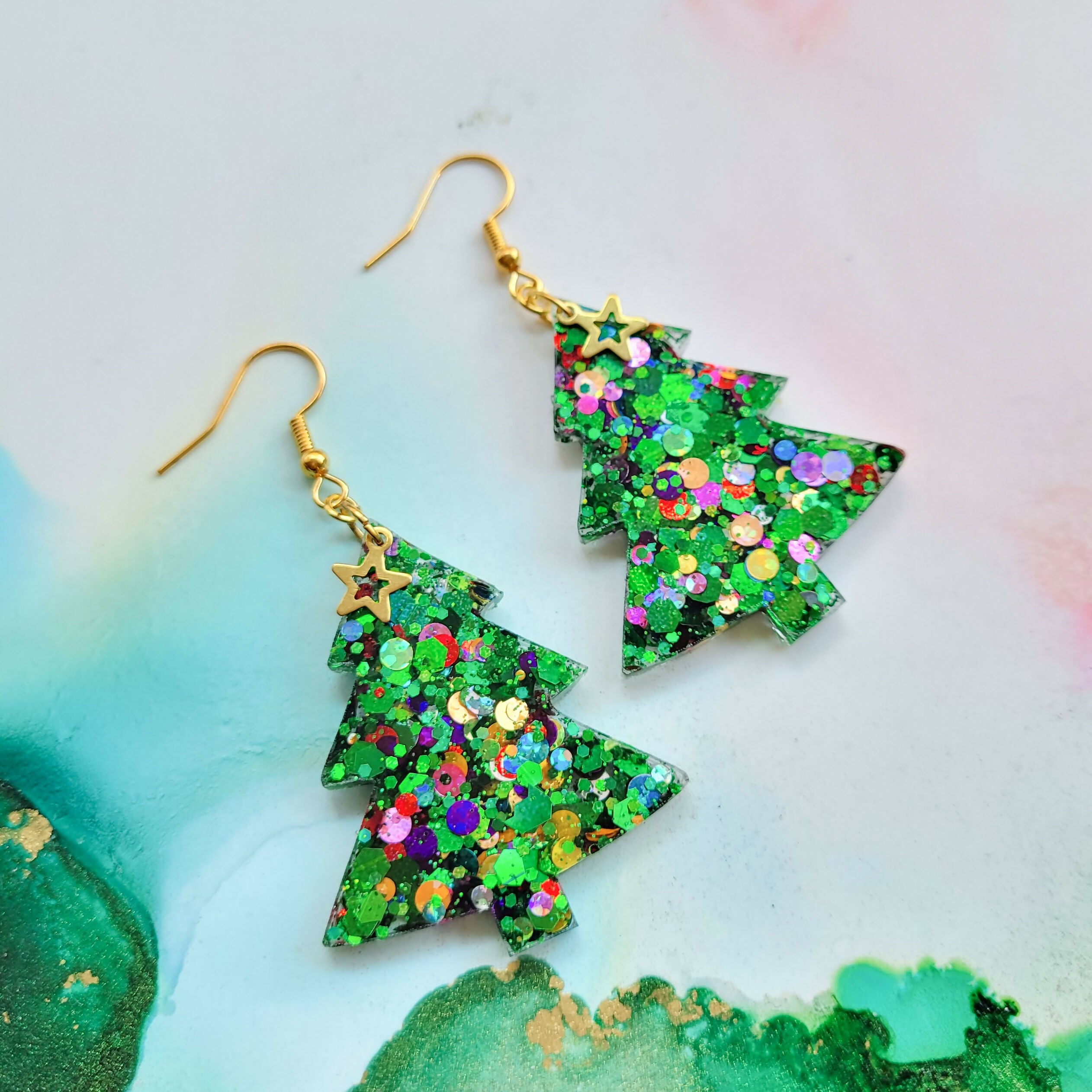 Handmade XL Glitter Resin Christmas Trees Earrings
