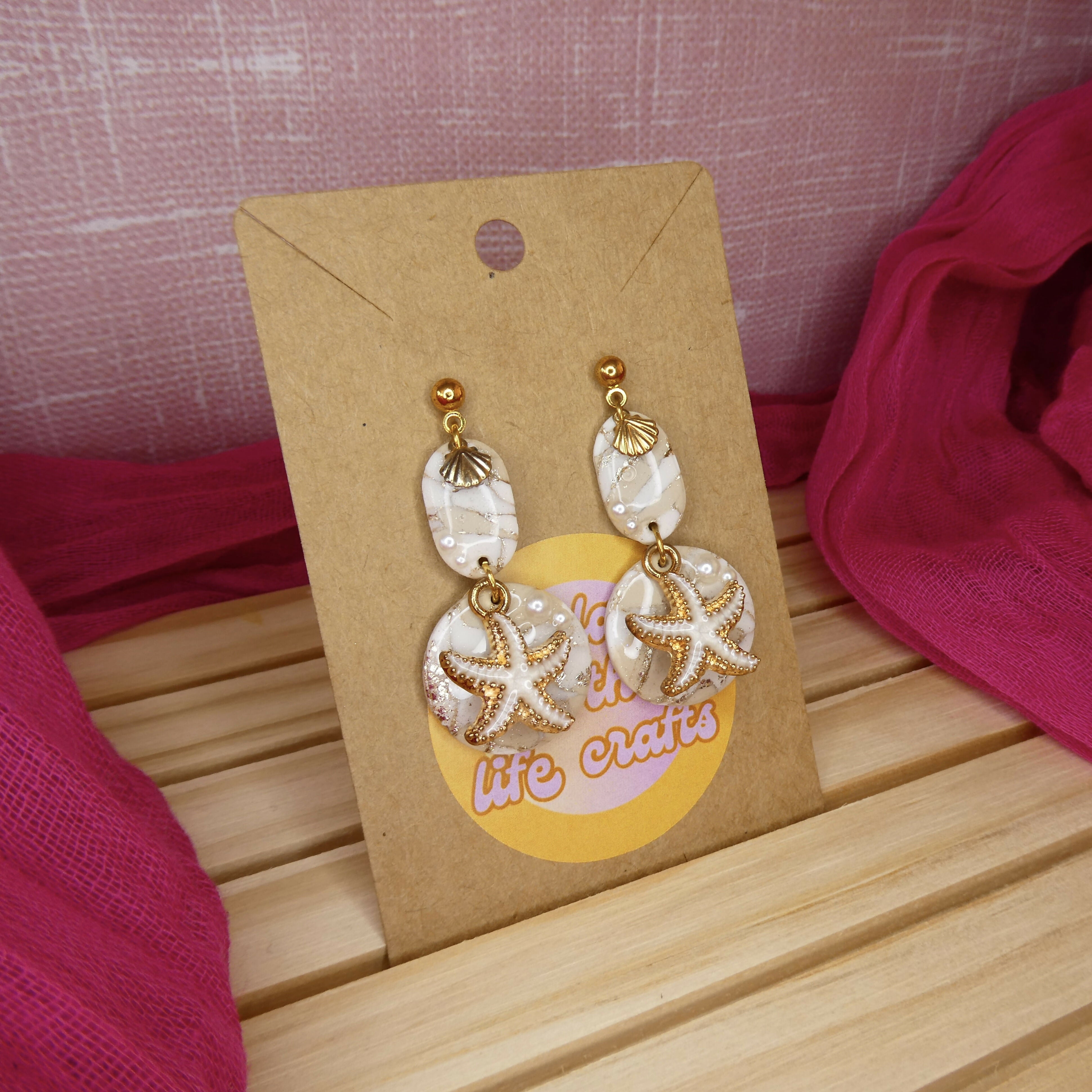 White And Gold Seashell And Starfish Polymer Clay Earrings