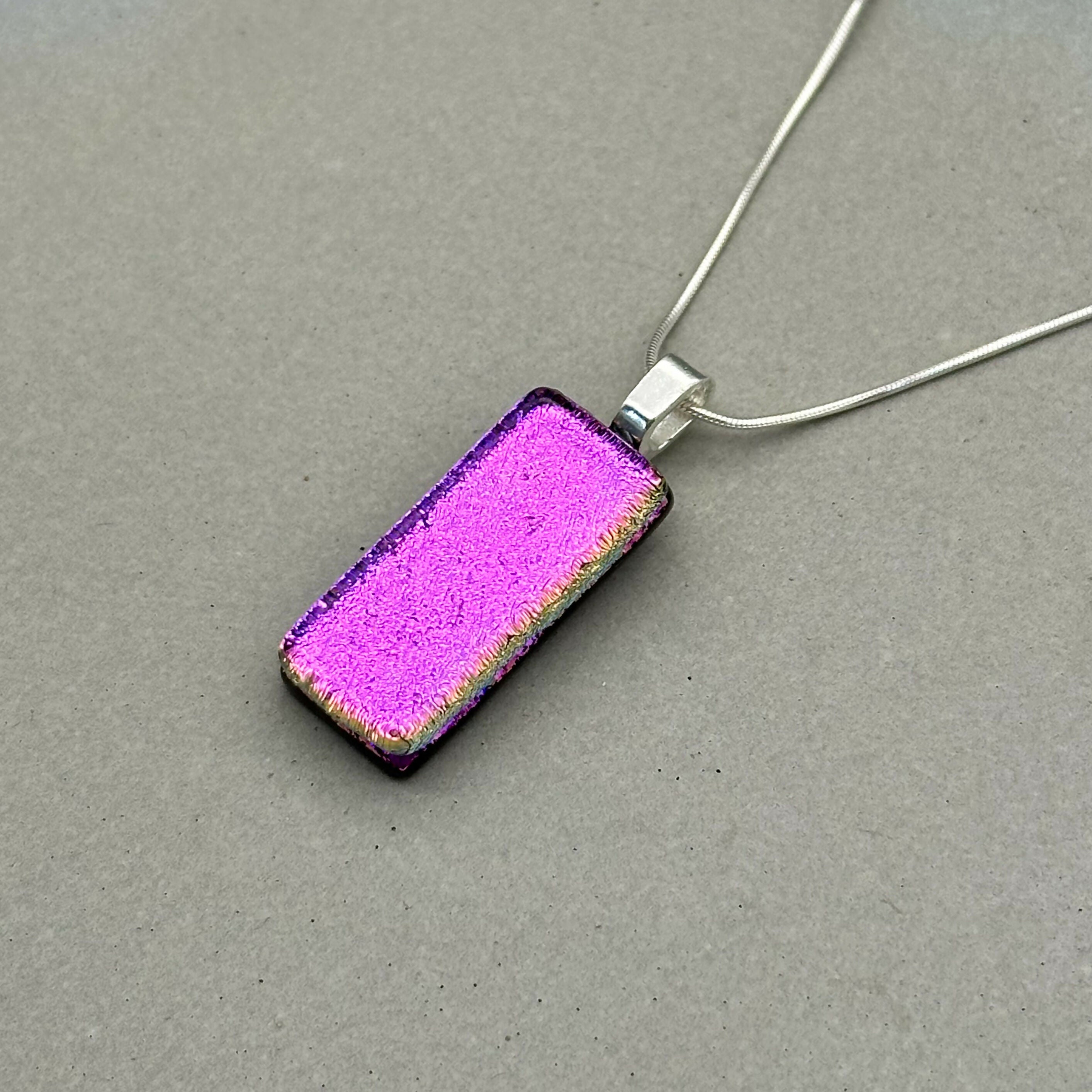 Magenta Dichroic Glass Necklace and Earrings Set - Sterling Silver, Handmade by Jade Tapson Glass.