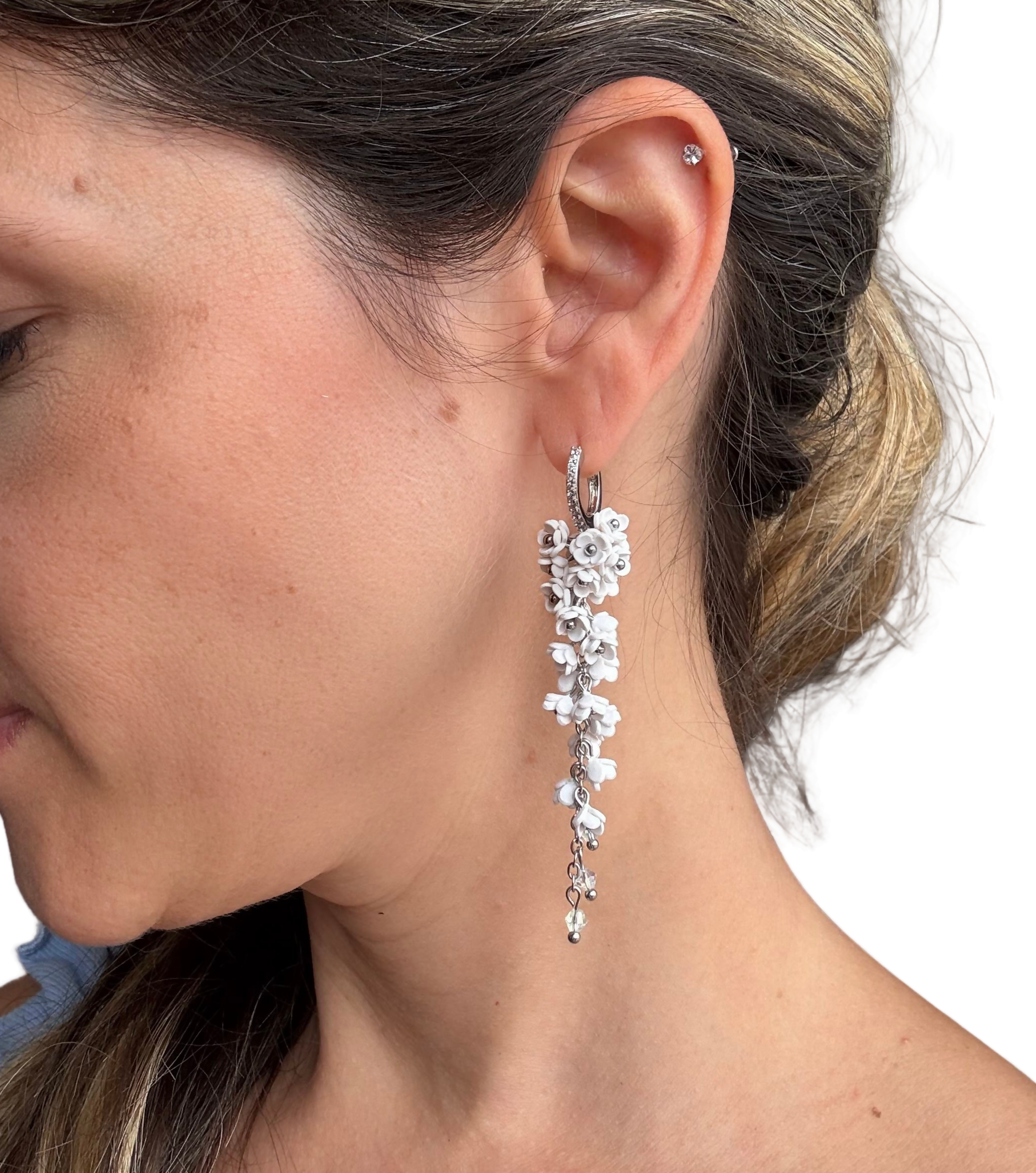 Cascading Flower Drop Earrings with Mini Floral Clusters in White and Silver