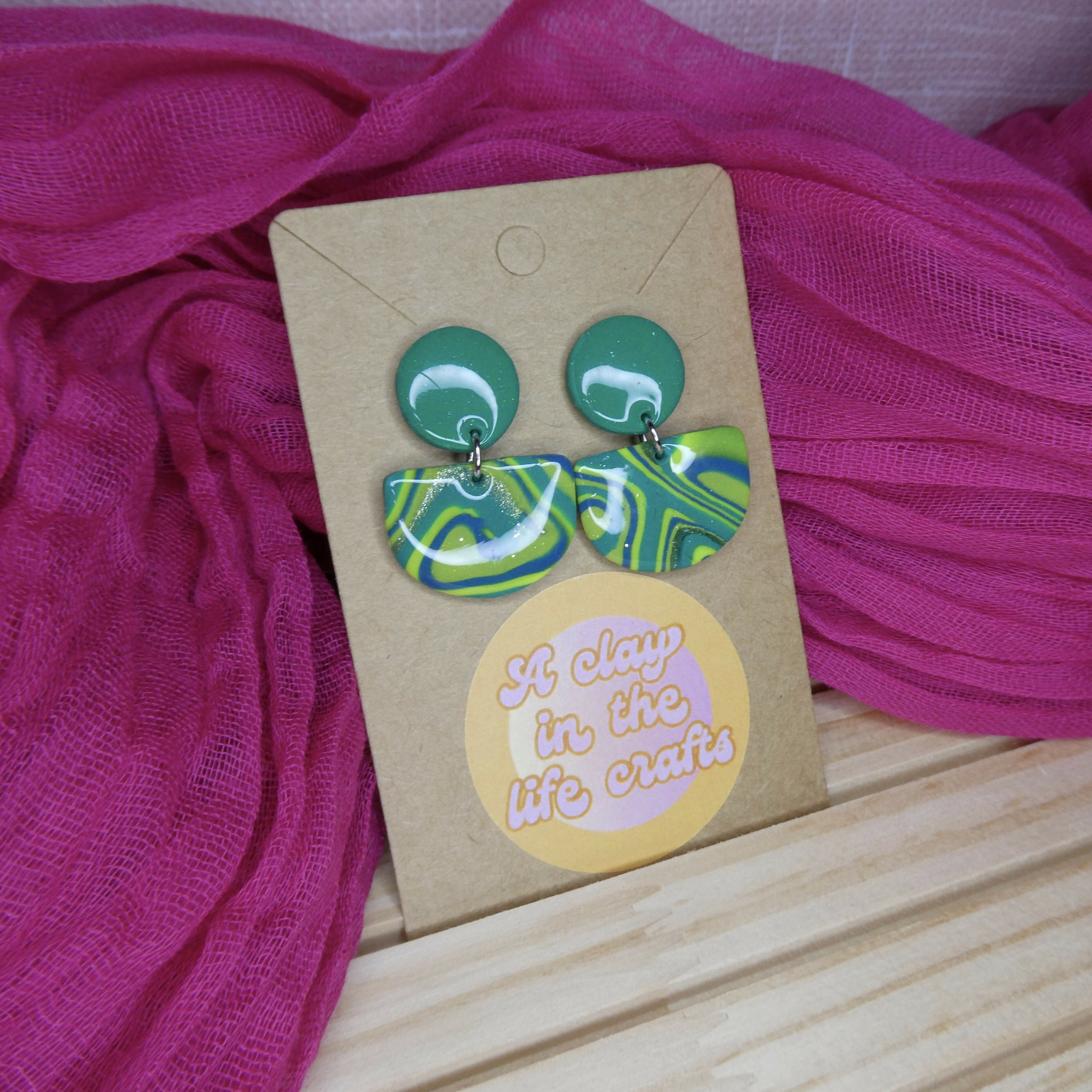 Green Swirly Semi Circle Earrings