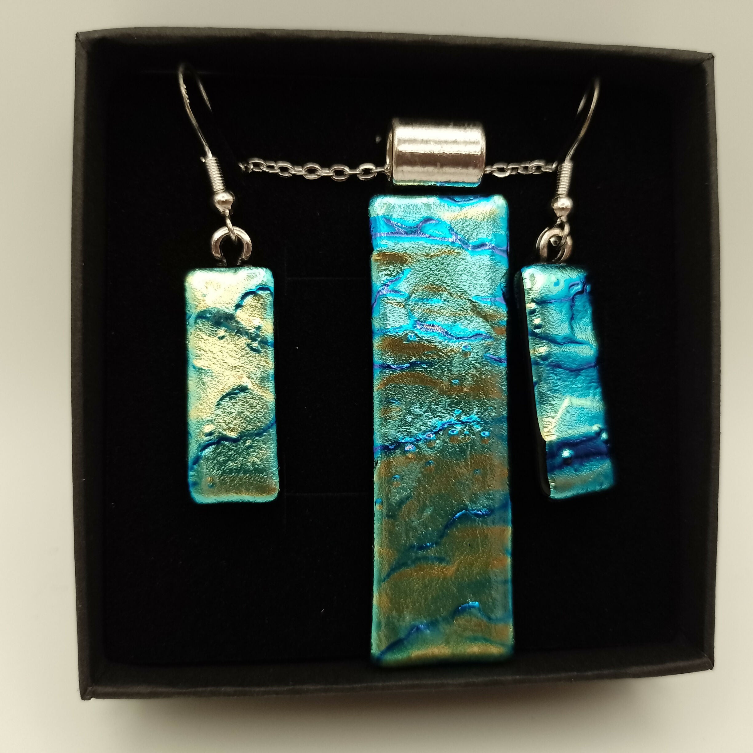 Blue Green Dichroic Glass Pendant and Earring Set