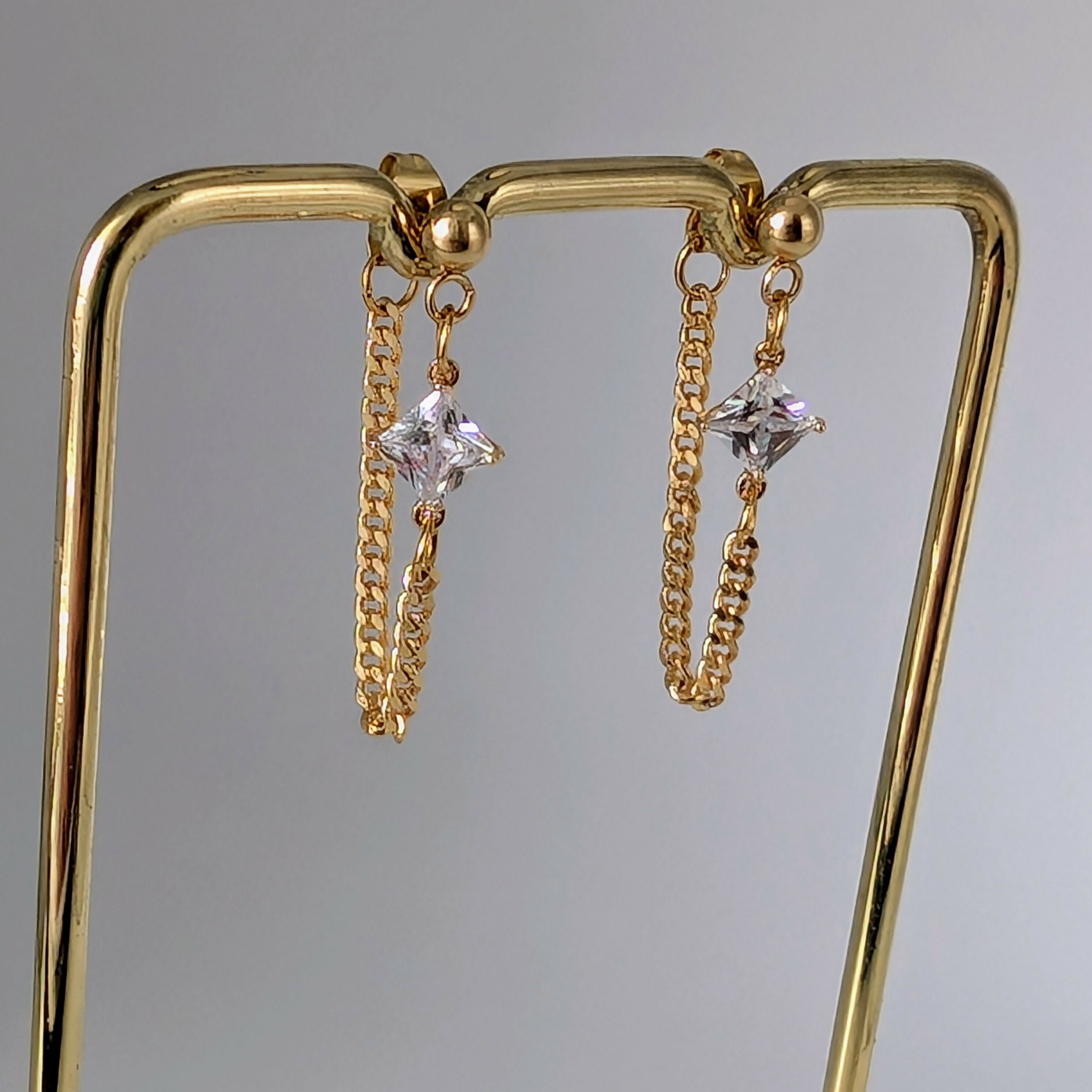 Clear Crystal Zirconia Chain Earrrings on Gold Plated Ball Stud