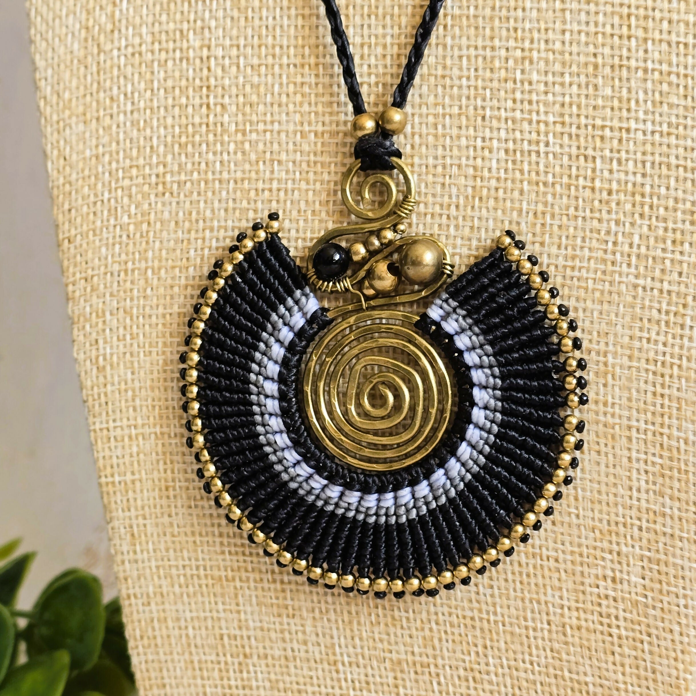 Black Agate Macramé Necklace; Full Moon Boho Statement Pendant with Gold Spiral