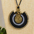 Black Agate Macramé Necklace; Full Moon Boho Statement Pendant with Gold Spiral