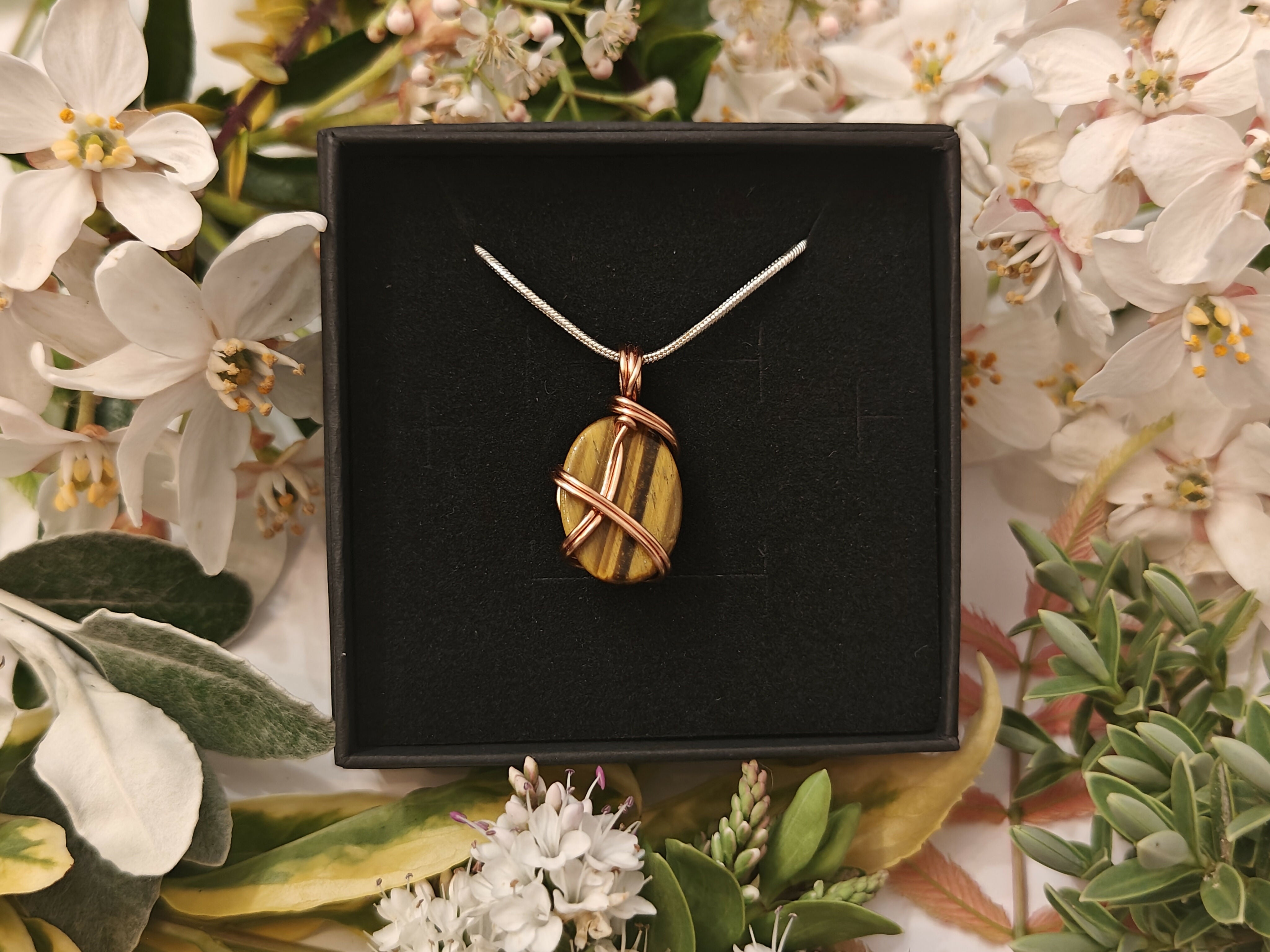Tiger's Eye Wire Wrapped Crystal Necklace on Sterling Silver Chain