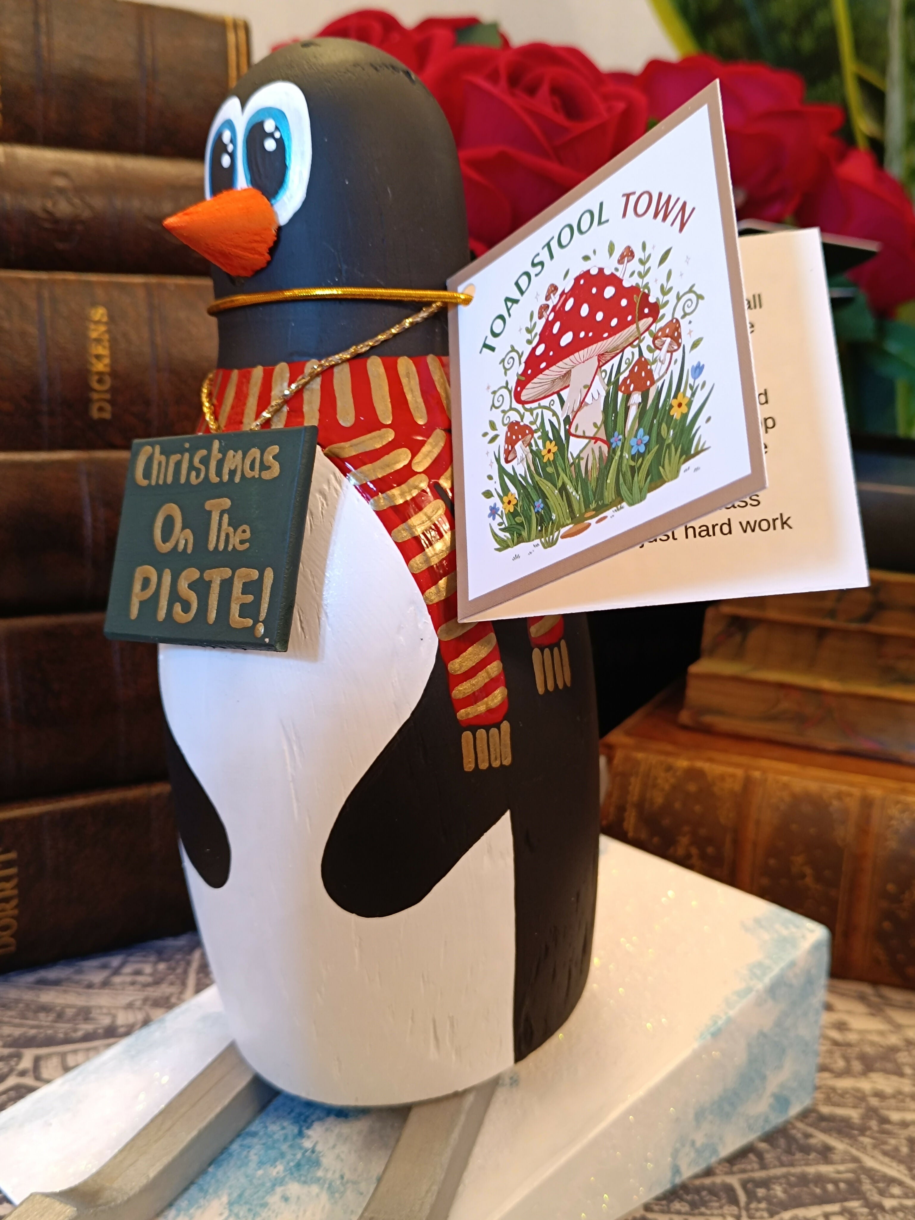 Handmade Wooden Skiing Penguin Festive Figurine – "Christmas On The Piste!" Holiday Decor