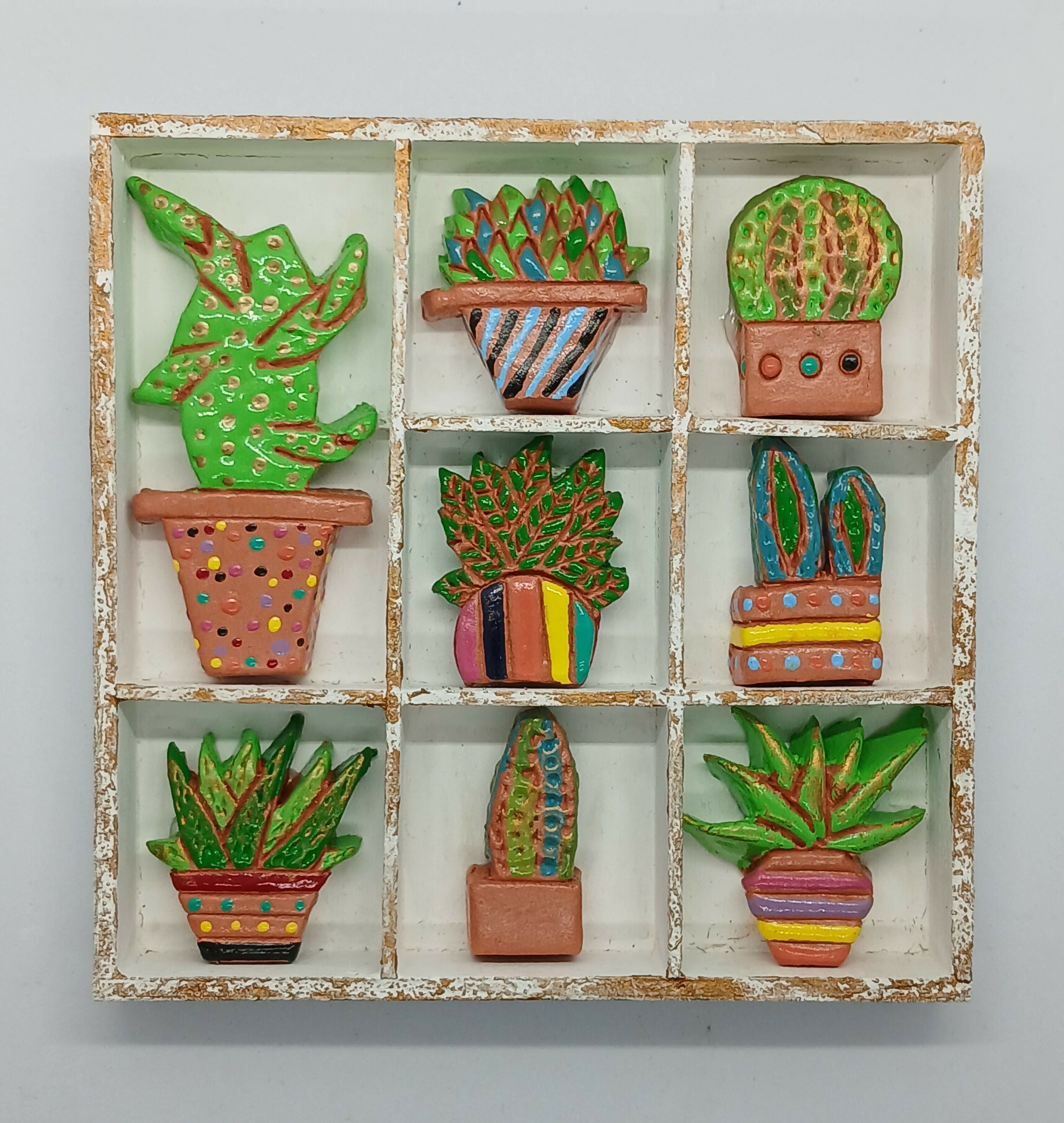 Cactus and Plant Filled Small Wooden White Painted Trinket Tray